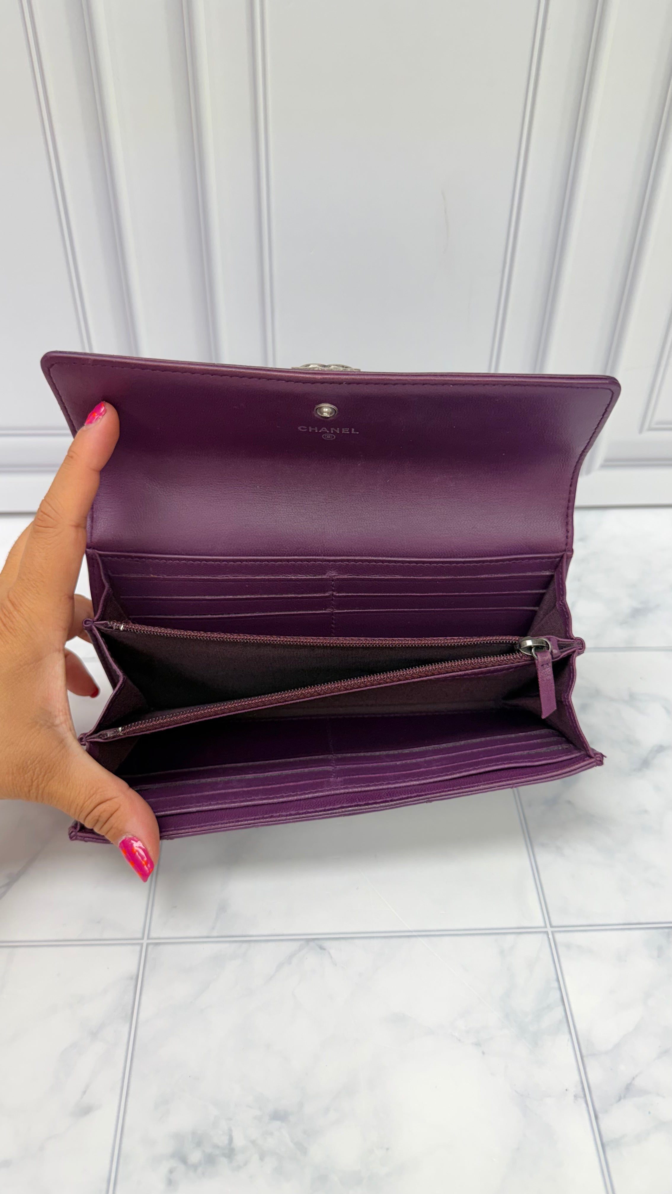 Chanel Purple Quilted Leather Boy Flap Wallet