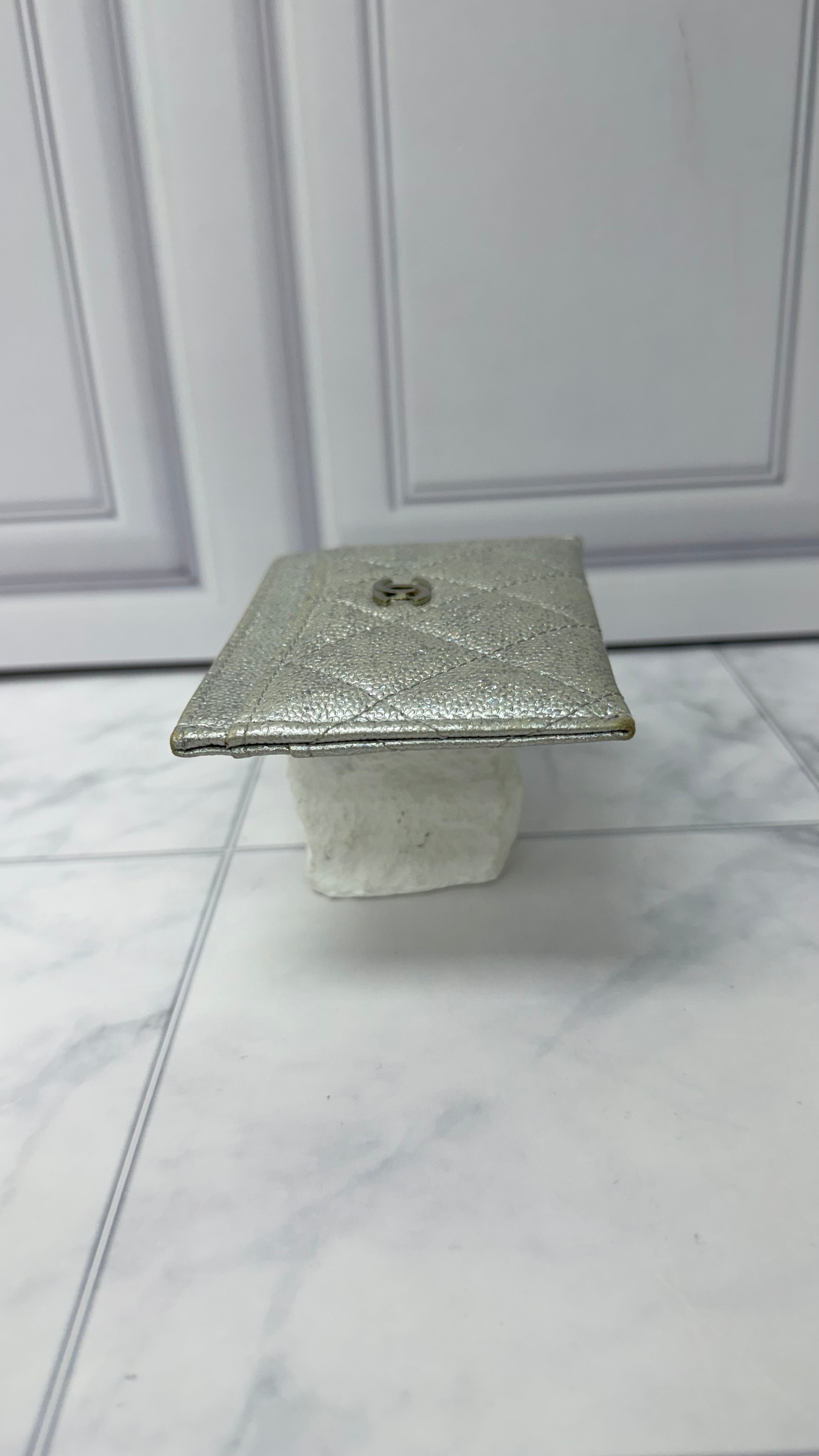 Chanel Silver Iridescent Quilted Caviar Leather Card Holder