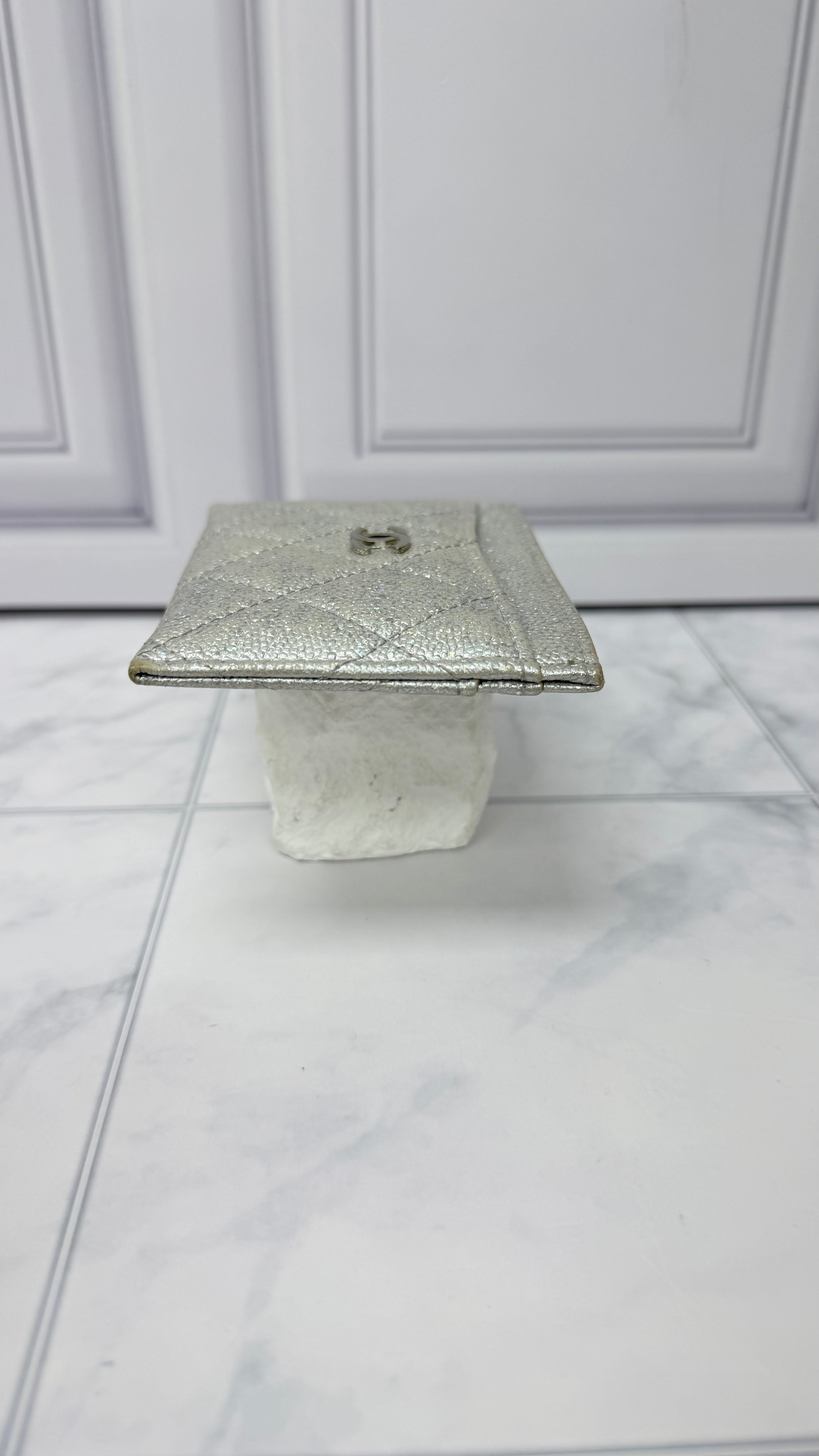 Chanel Silver Iridescent Quilted Caviar Leather Card Holder