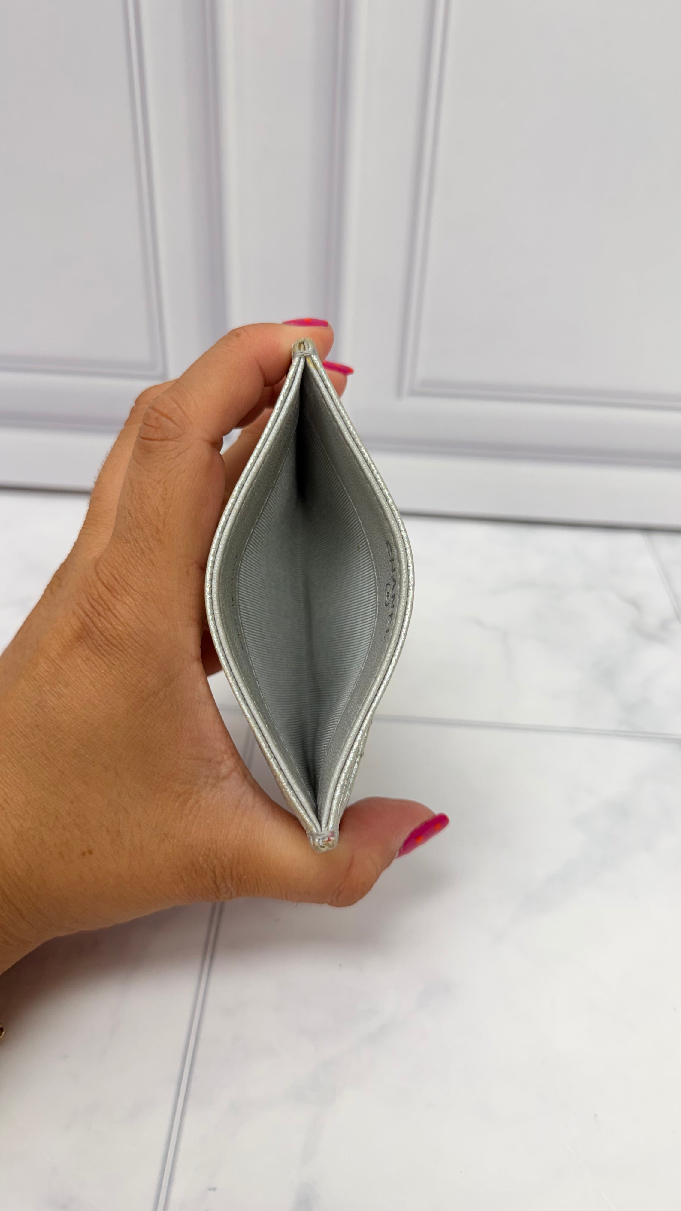 Chanel Silver Iridescent Quilted Caviar Leather Card Holder