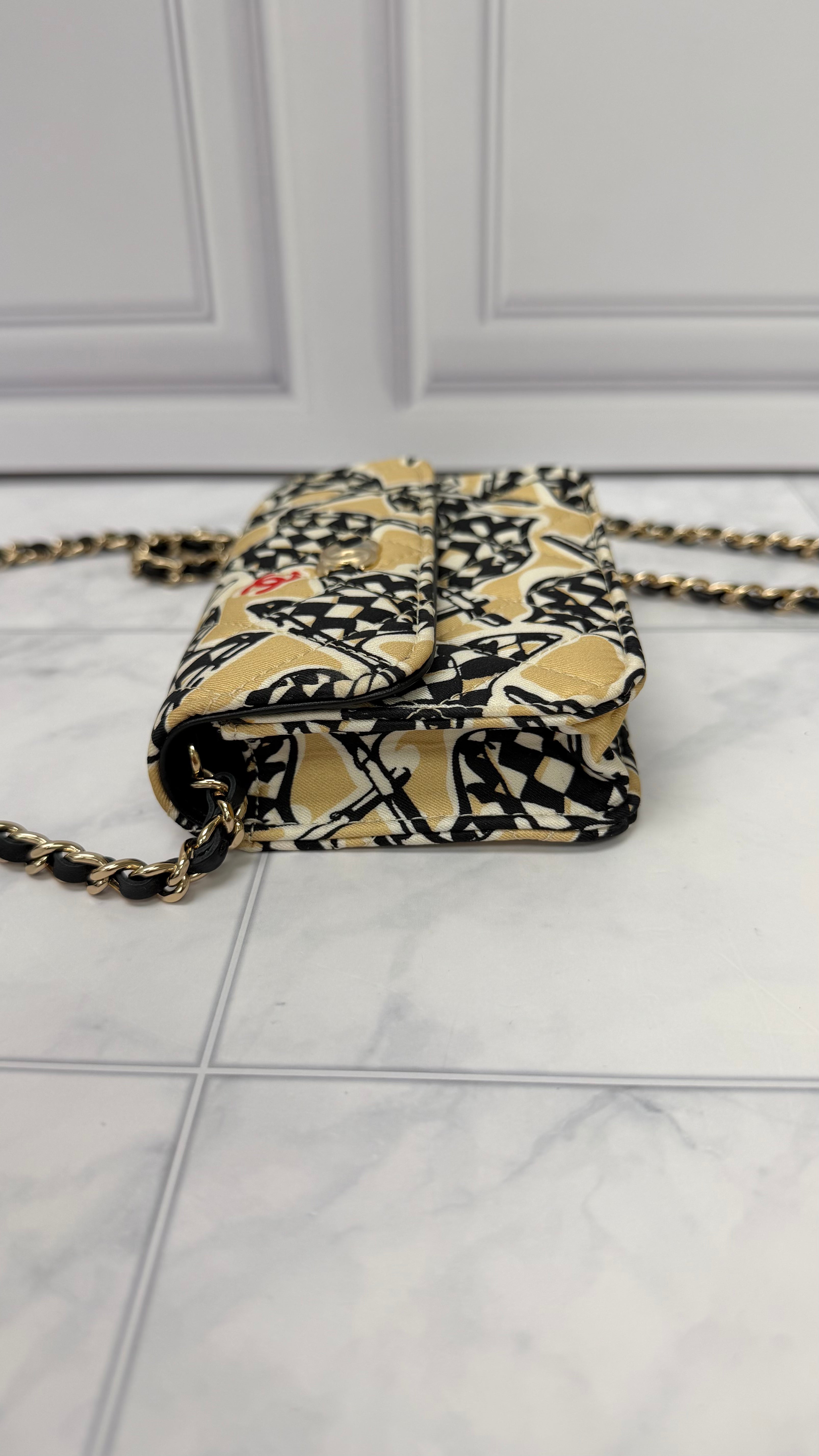 LIKE NEW - Chanel Beige And Black Canvas Checkered Flag Mini Clutch Chain