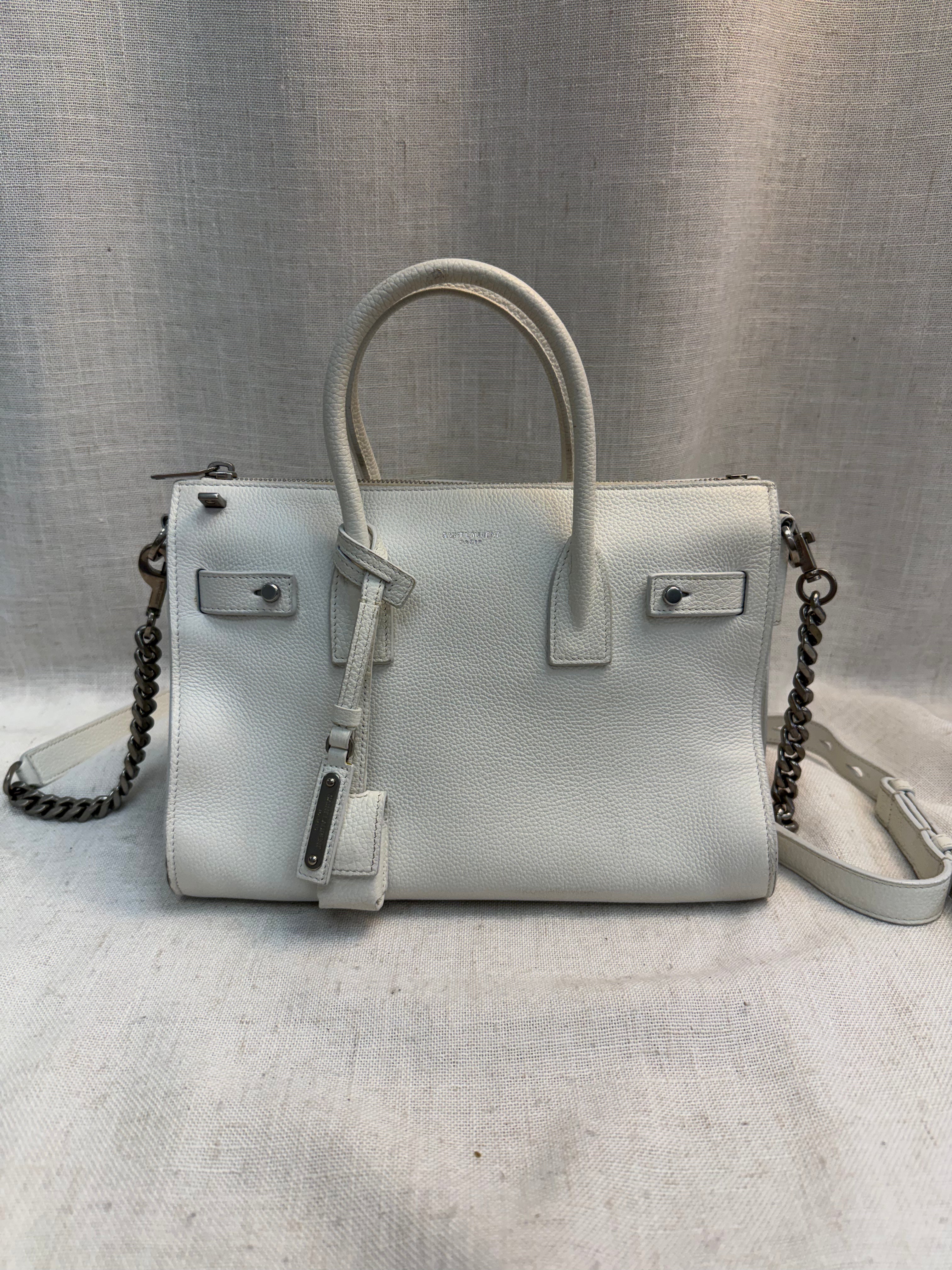 Saint Laurent YSL White Leather Sac De Jour Handbag