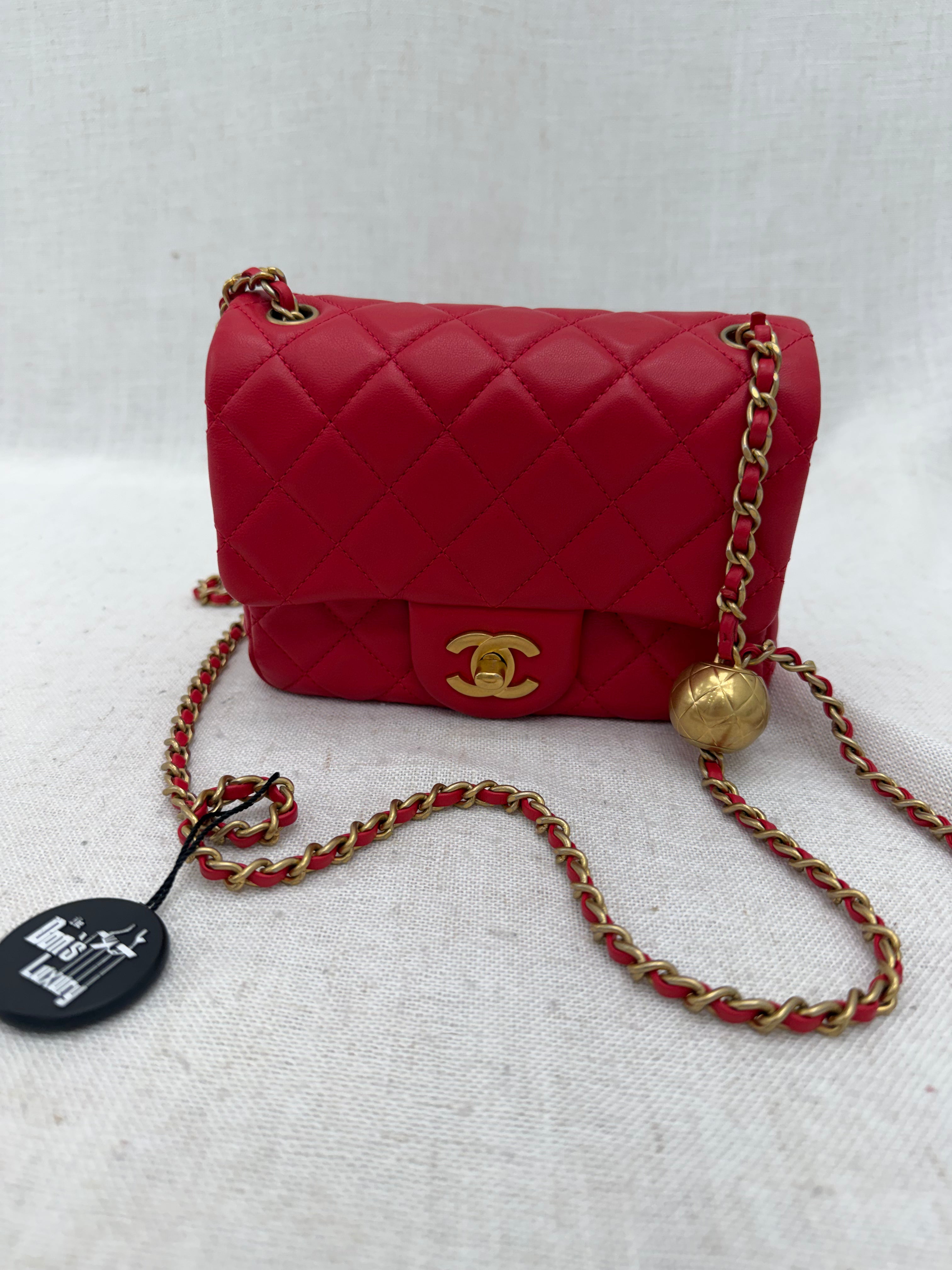 Chanel Red Quilted Lambskin Mini Pearl Crush Flap Bag