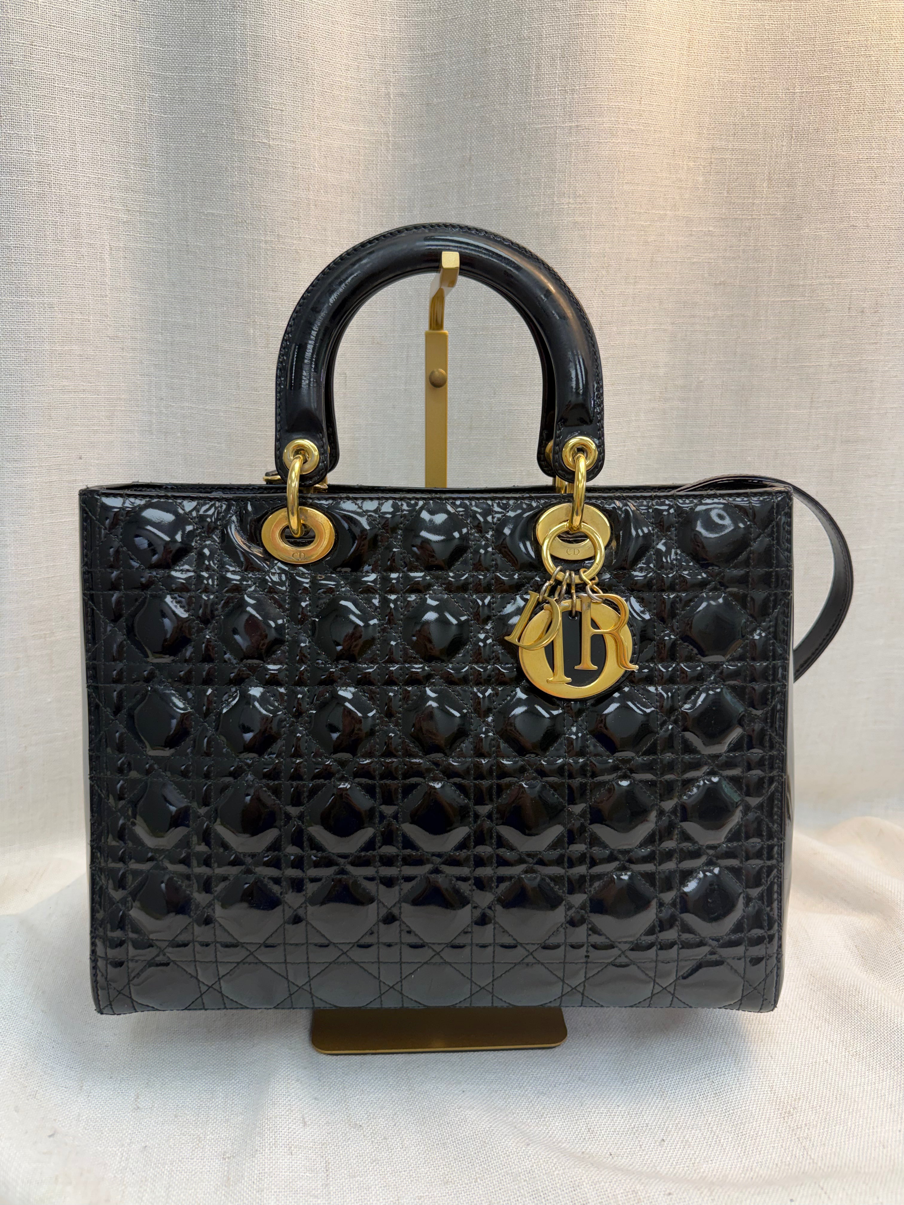 Christian Dior Black Patent Leather Large Cannage Lady Dior Bag