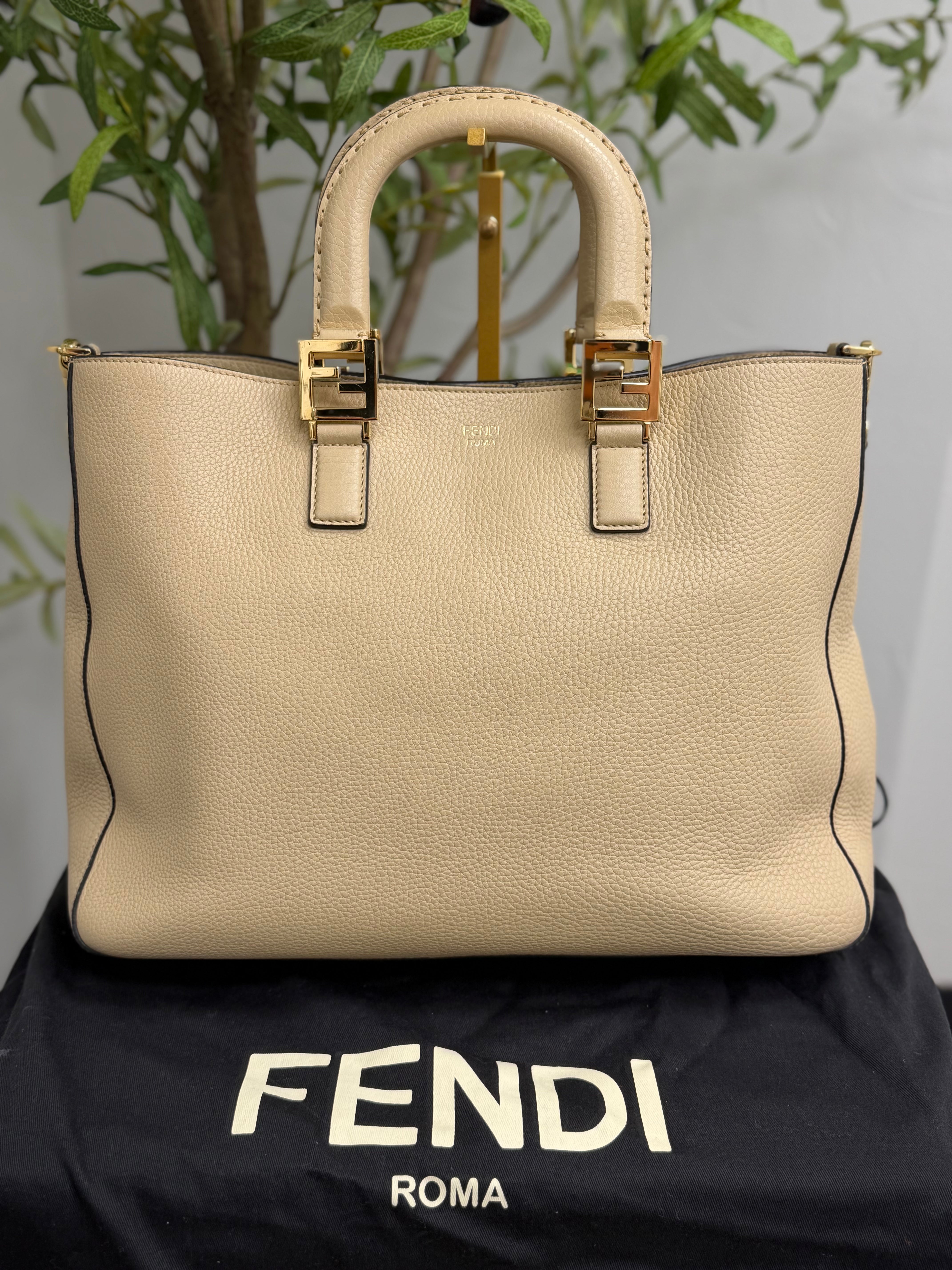 Fendi Beige Leather Romano Selleria Two Way Tote Bag