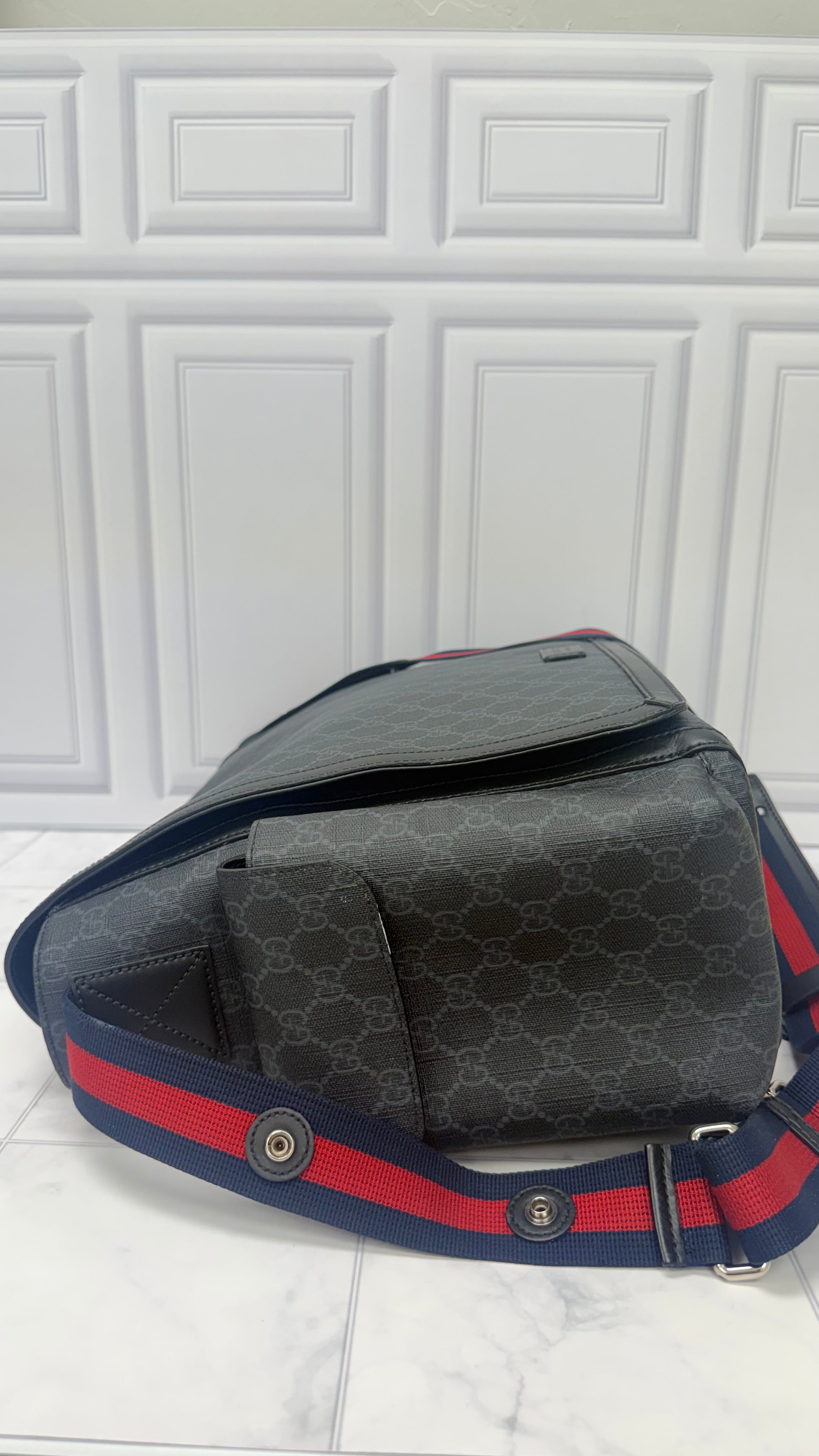 Gucci Black GG Supreme Diaper Bag With Changing Mat