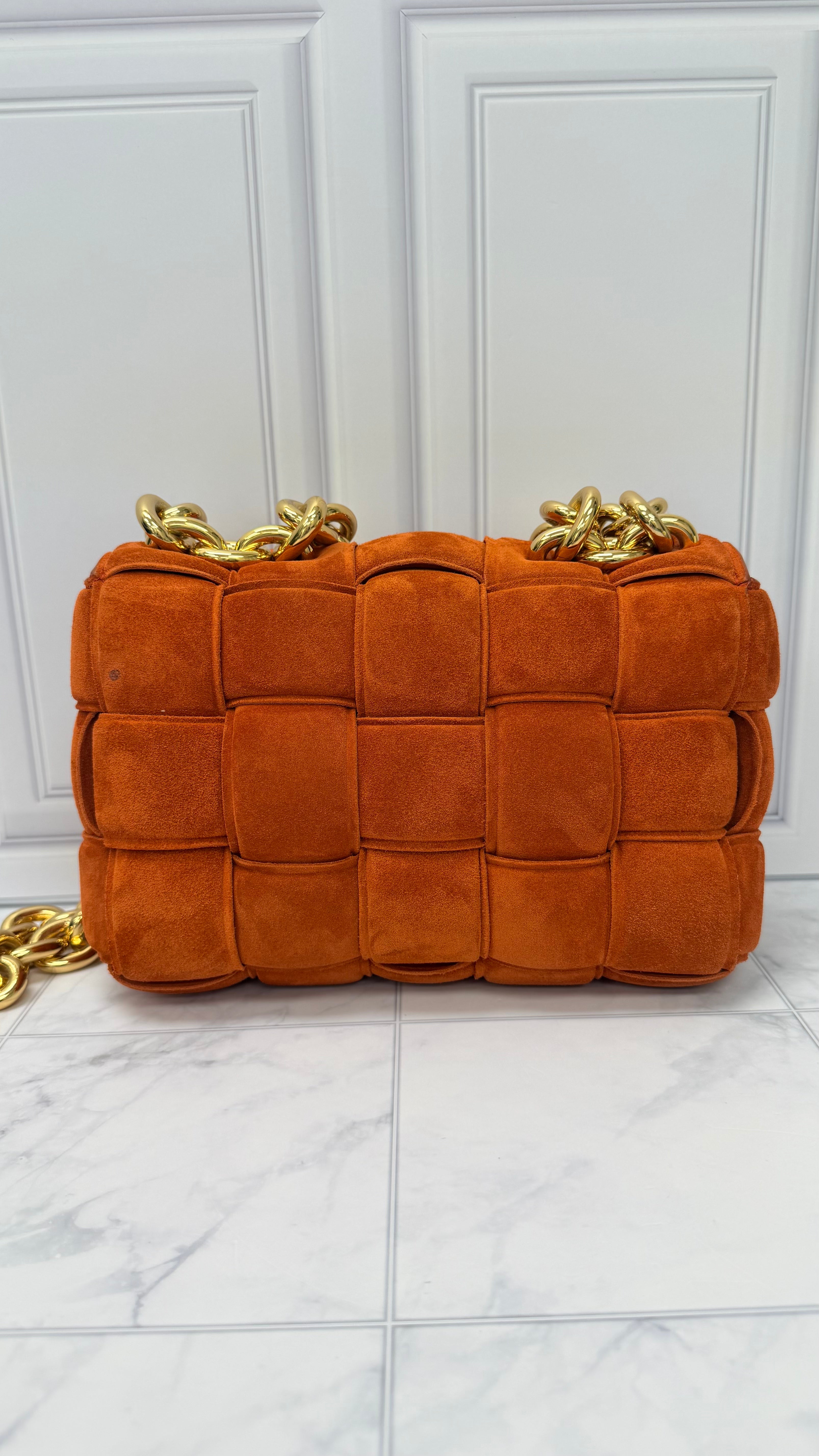 Bottega Veneta Orange Suede Cassette Chain Crossbody Bag