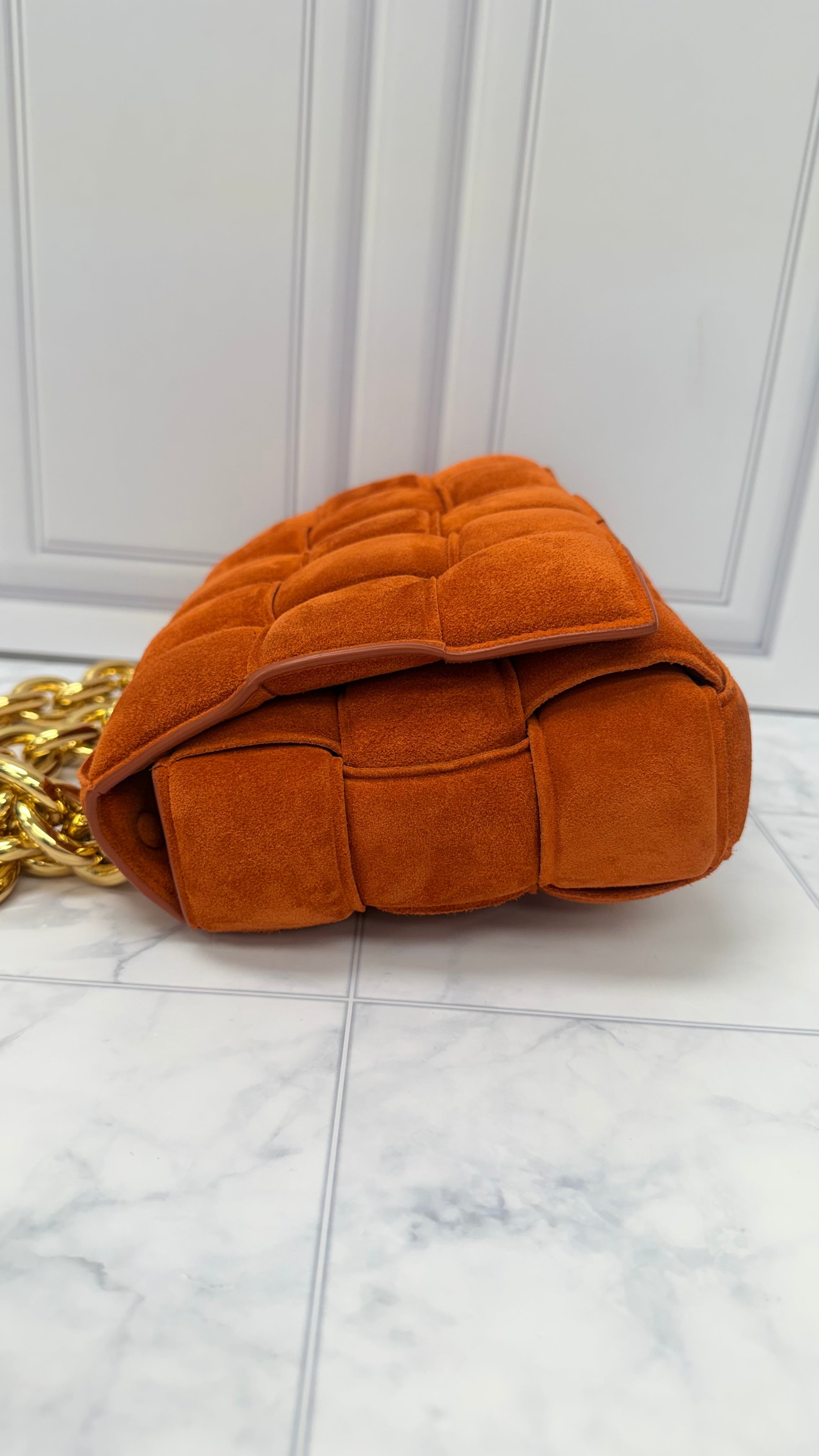 Bottega Veneta Orange Suede Cassette Chain Crossbody Bag