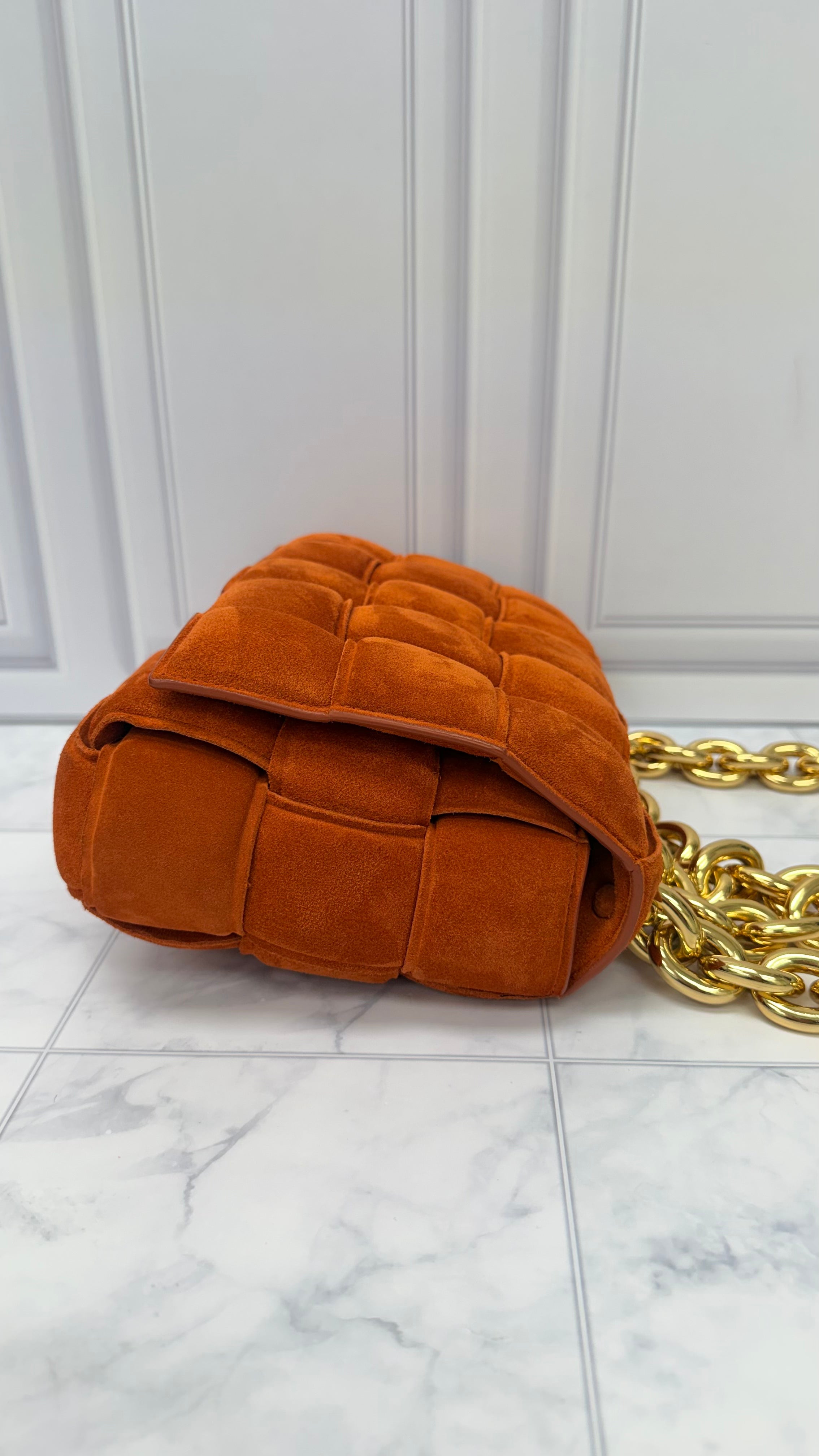 Bottega Veneta Orange Suede Cassette Chain Crossbody Bag