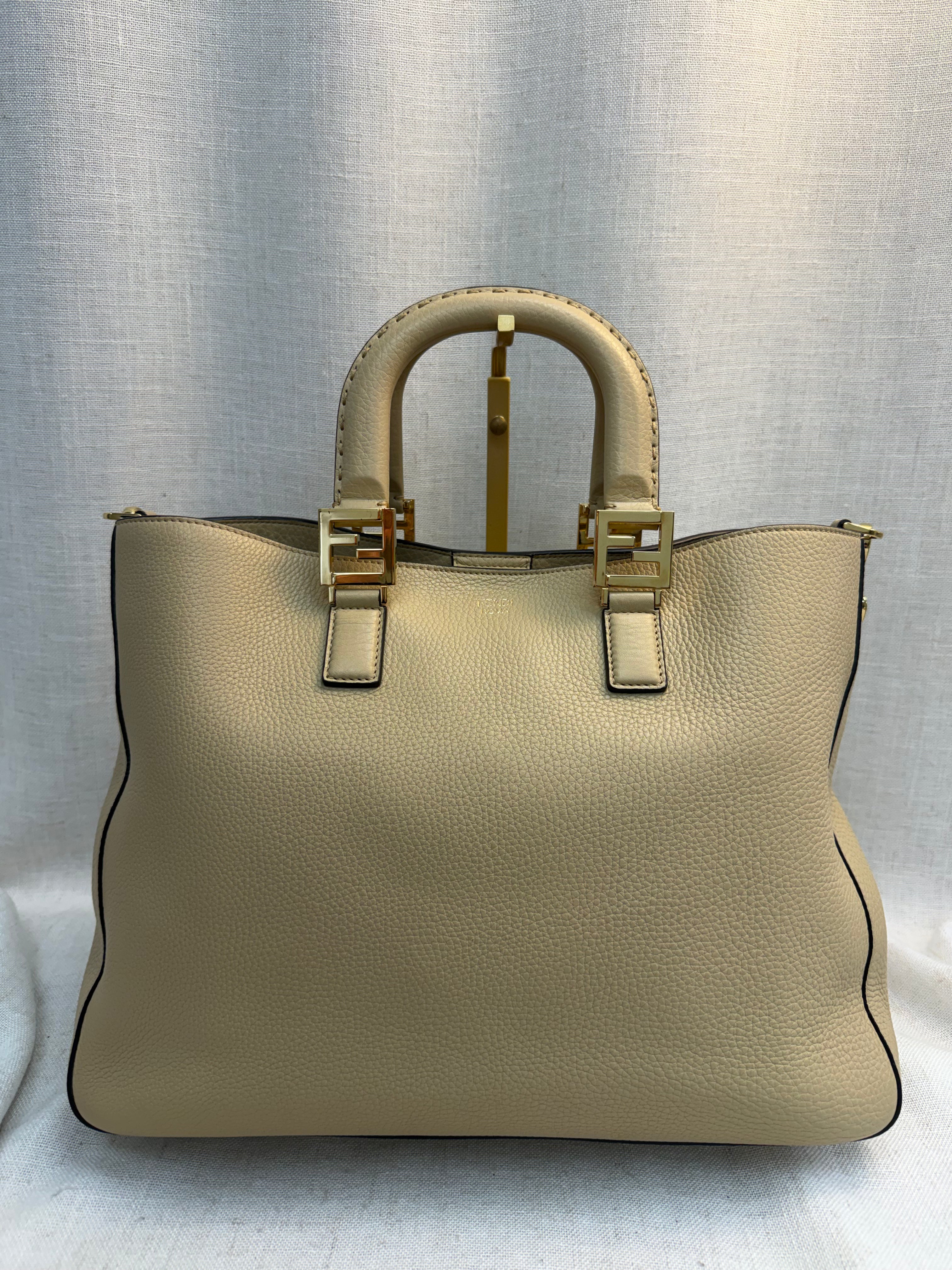 Fendi Beige Leather Romano Selleria Two Way Tote Bag