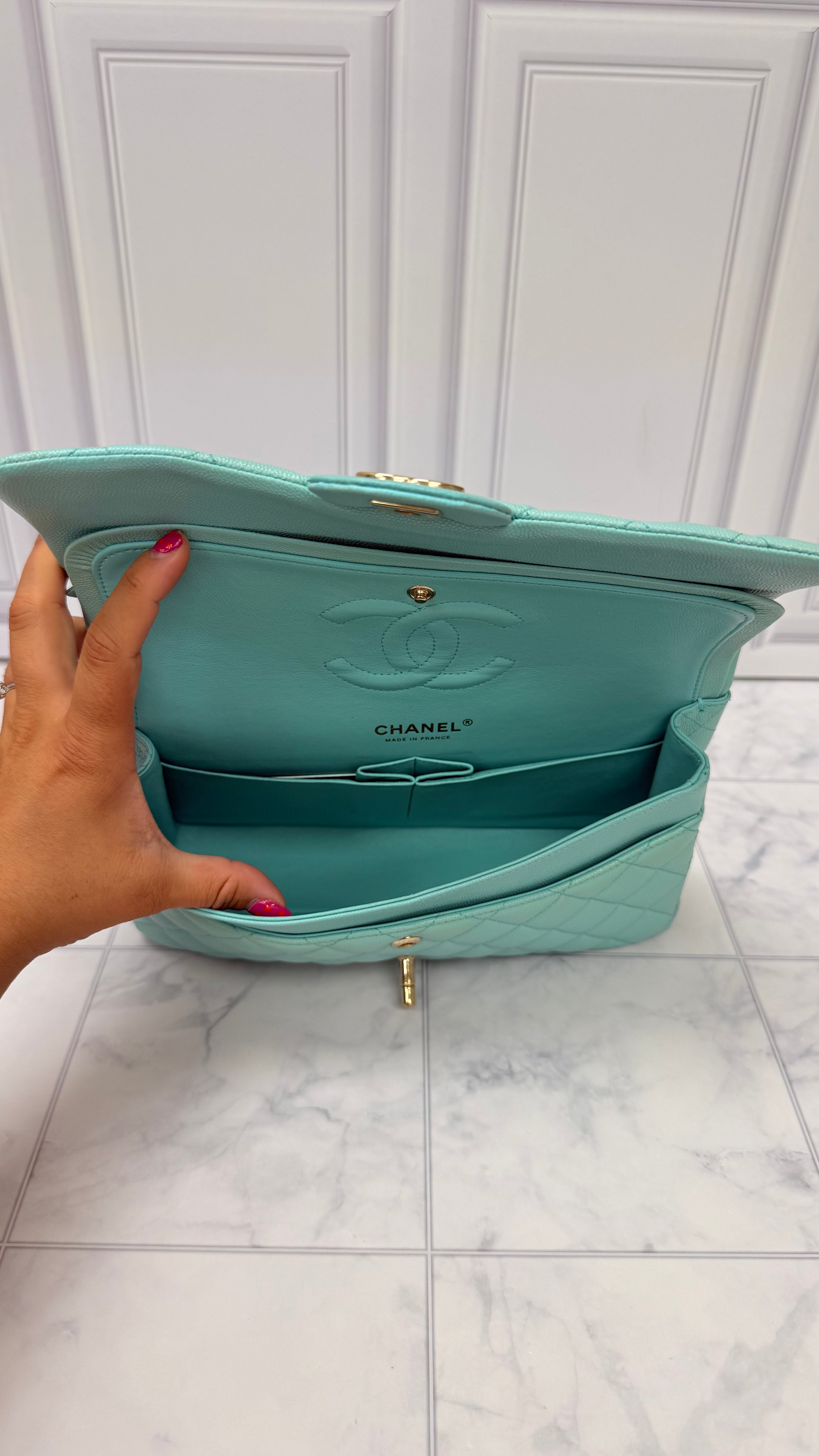 Chanel Turquoise Caviar Leather Classic Medium Double Flap Bag