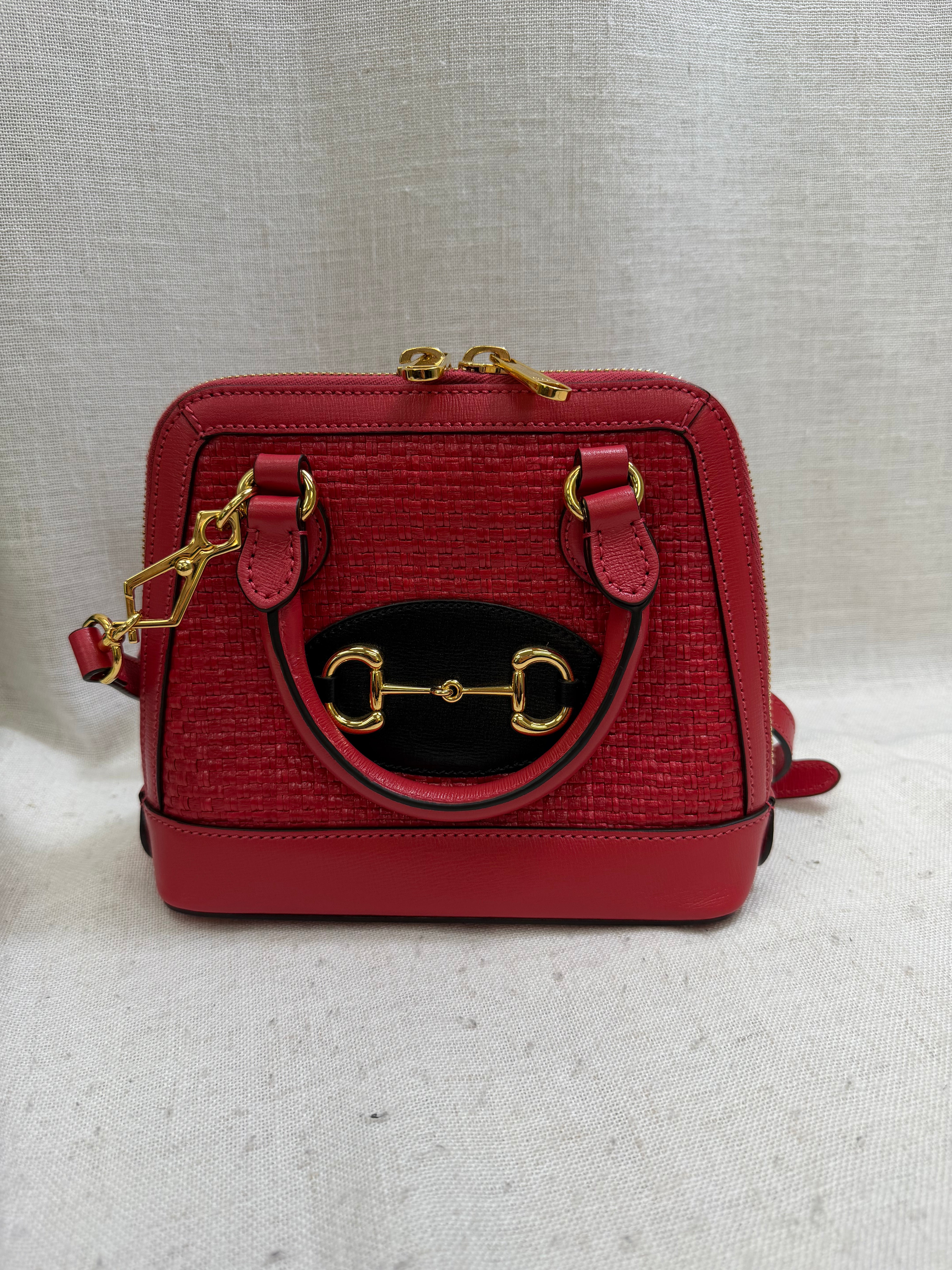 LIKE NEW- Gucci Red Straw And Leather Horsebit 1955 Mini Top Handle Bag