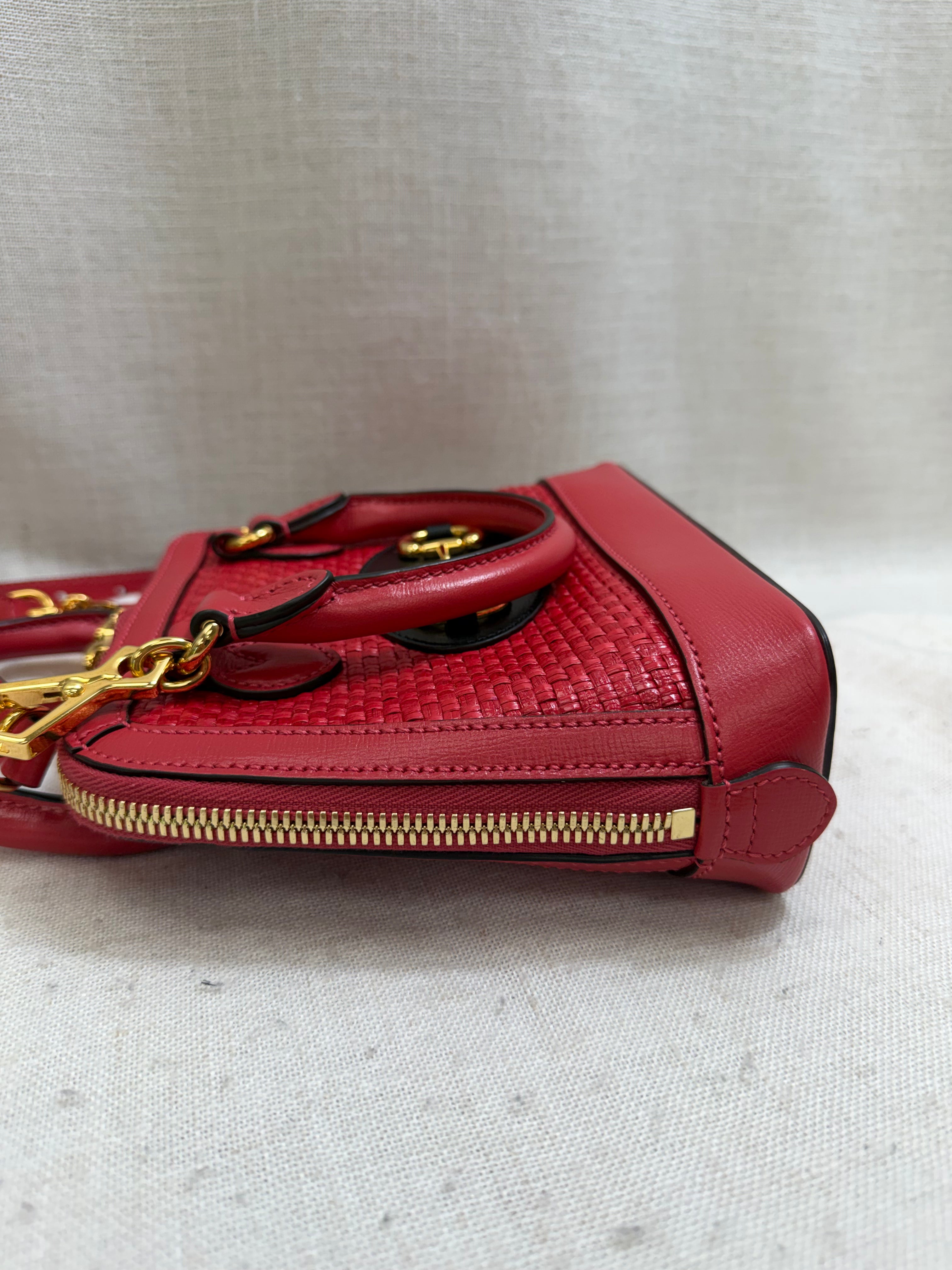 LIKE NEW- Gucci Red Straw And Leather Horsebit 1955 Mini Top Handle Bag