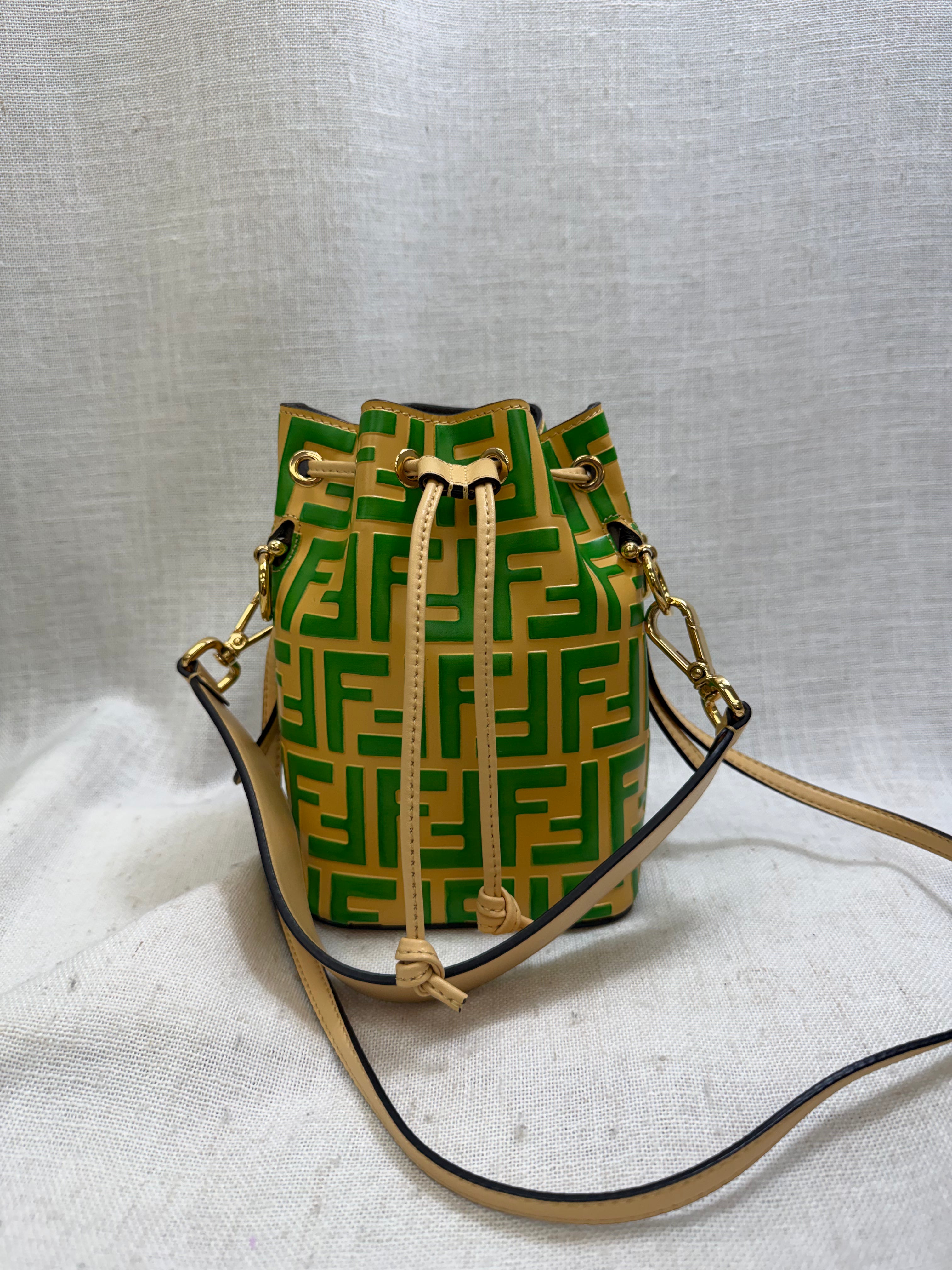 LIKE NEW - Fendi Beige Green Leather Mini Mon Tresor Bucket Bag
