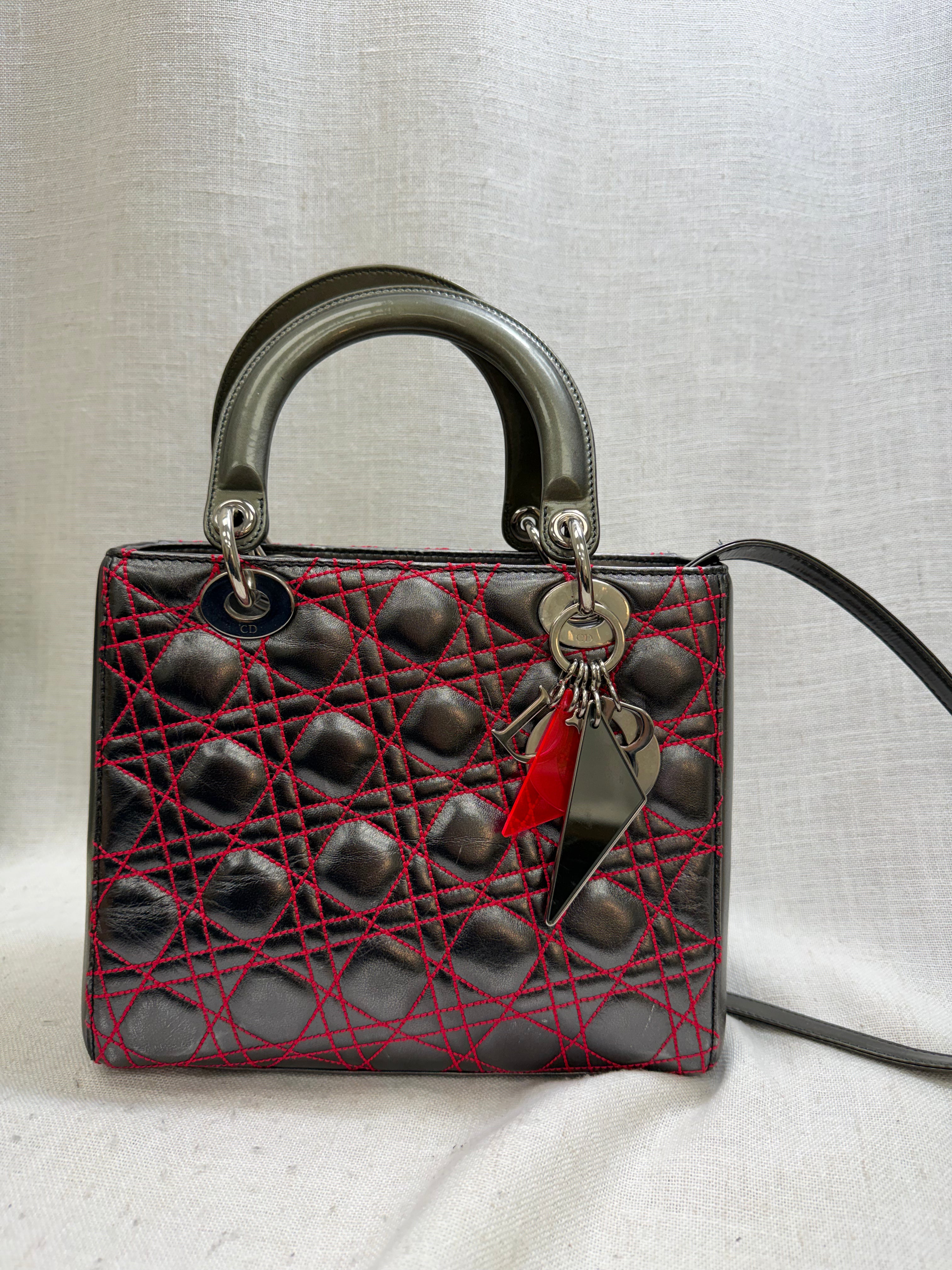 Christian Dior Metallic Silver And Pink Leather Medium Lady Dior Tote