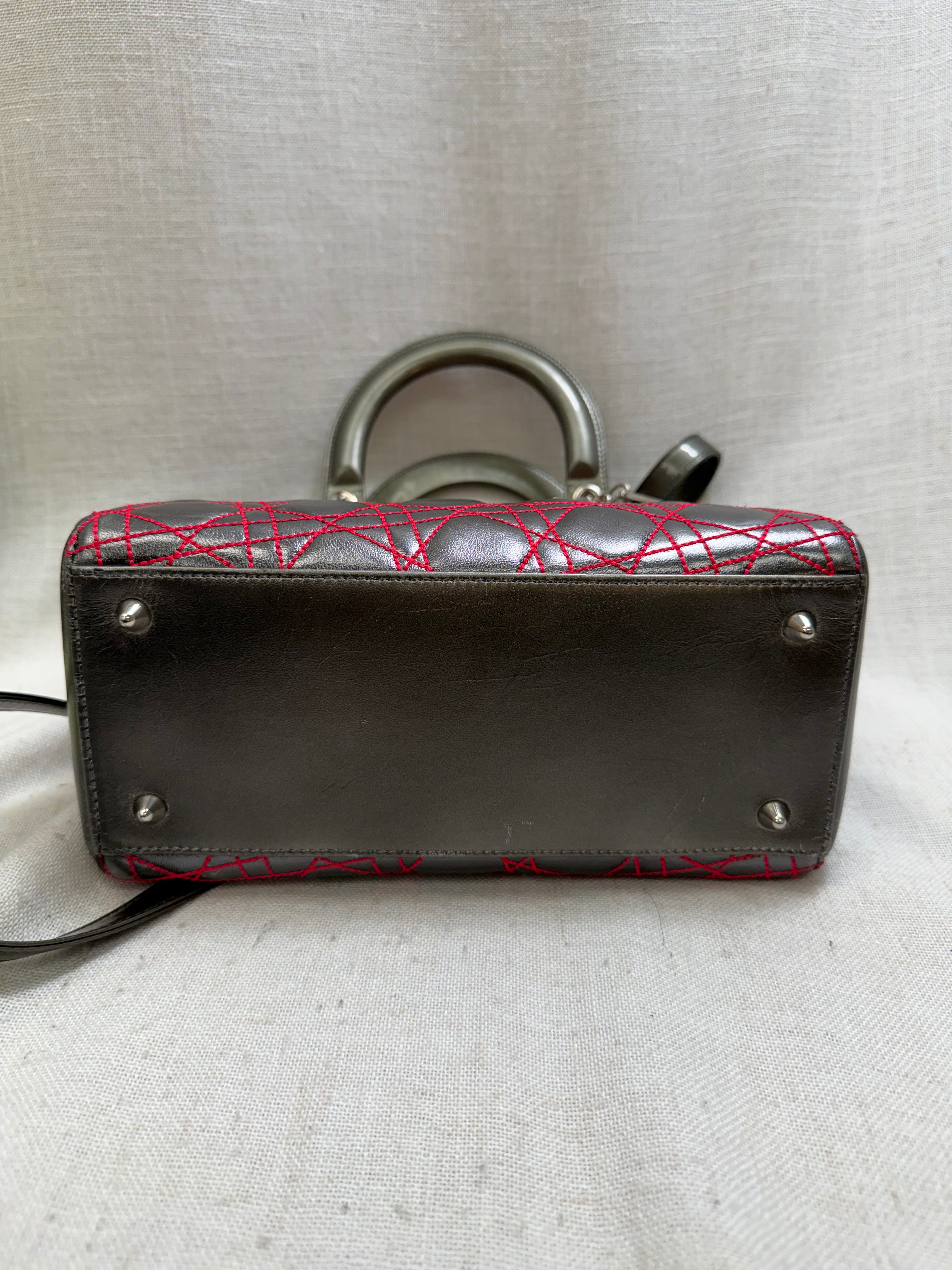 Christian Dior Metallic Silver And Pink Leather Medium Lady Dior Tote