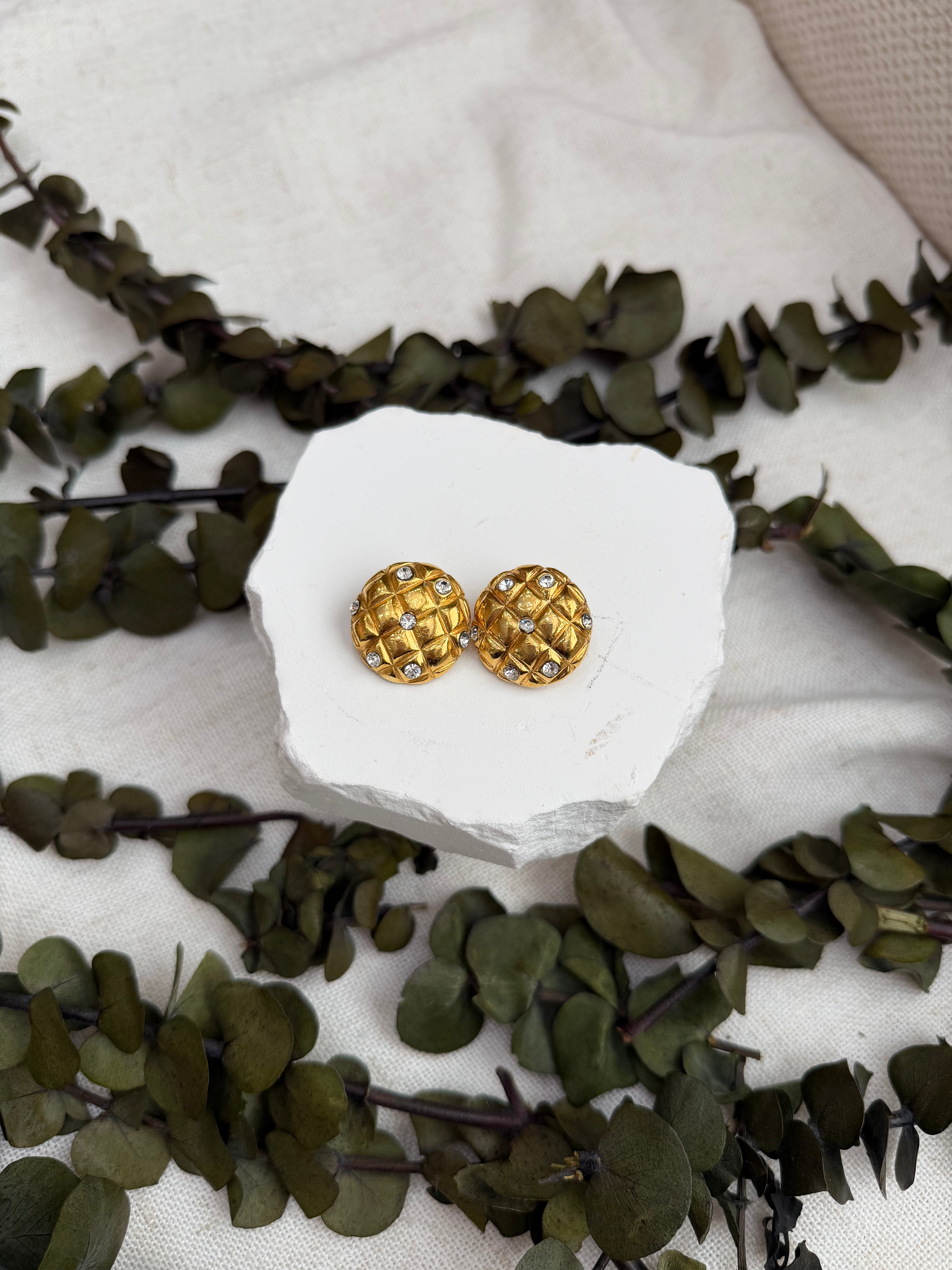Chanel Vintage Gold Plated Rhinestone Quilted Clip-On Earrings