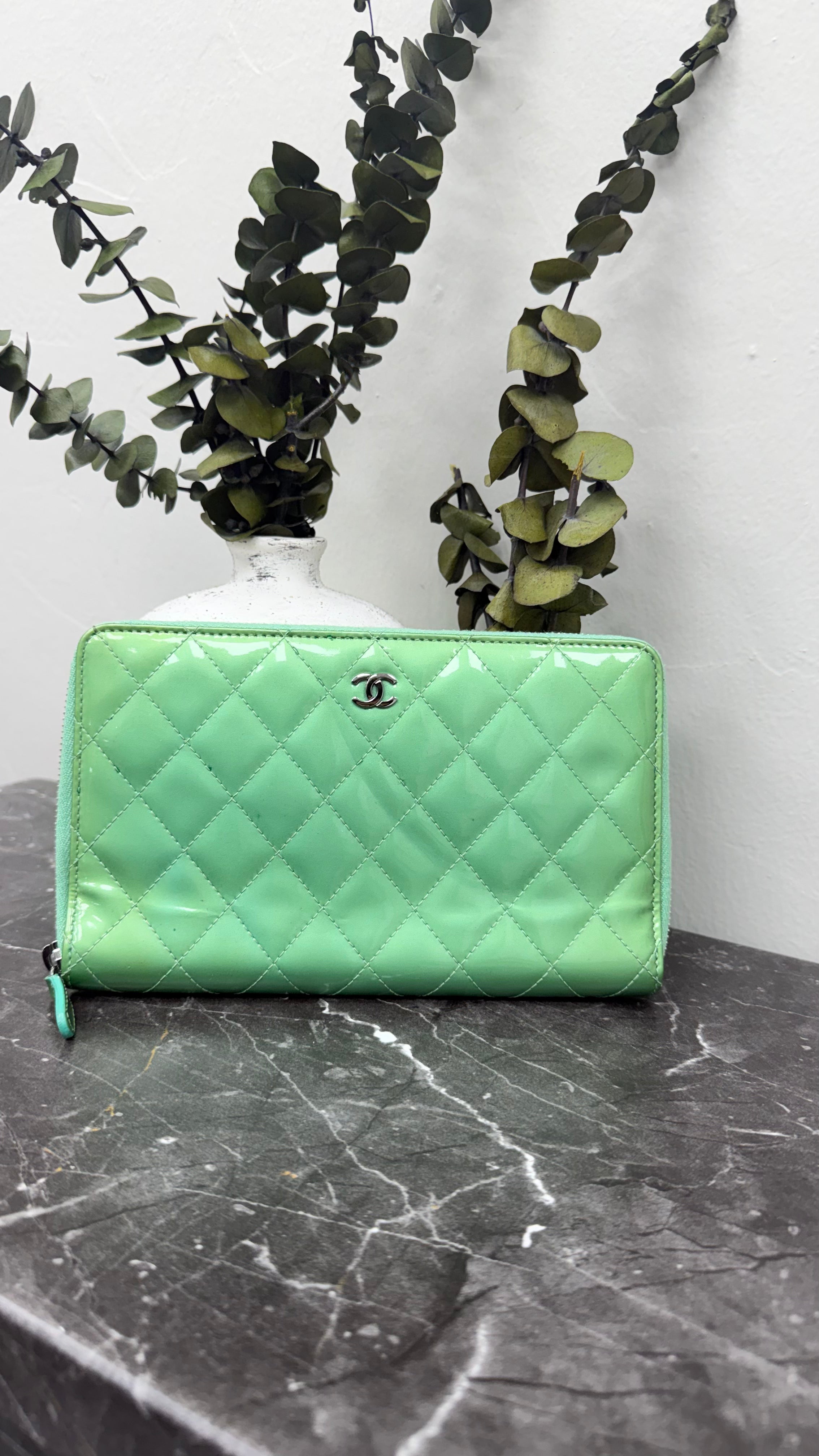 Chanel Green Patent Leather Large Zippy Wallet