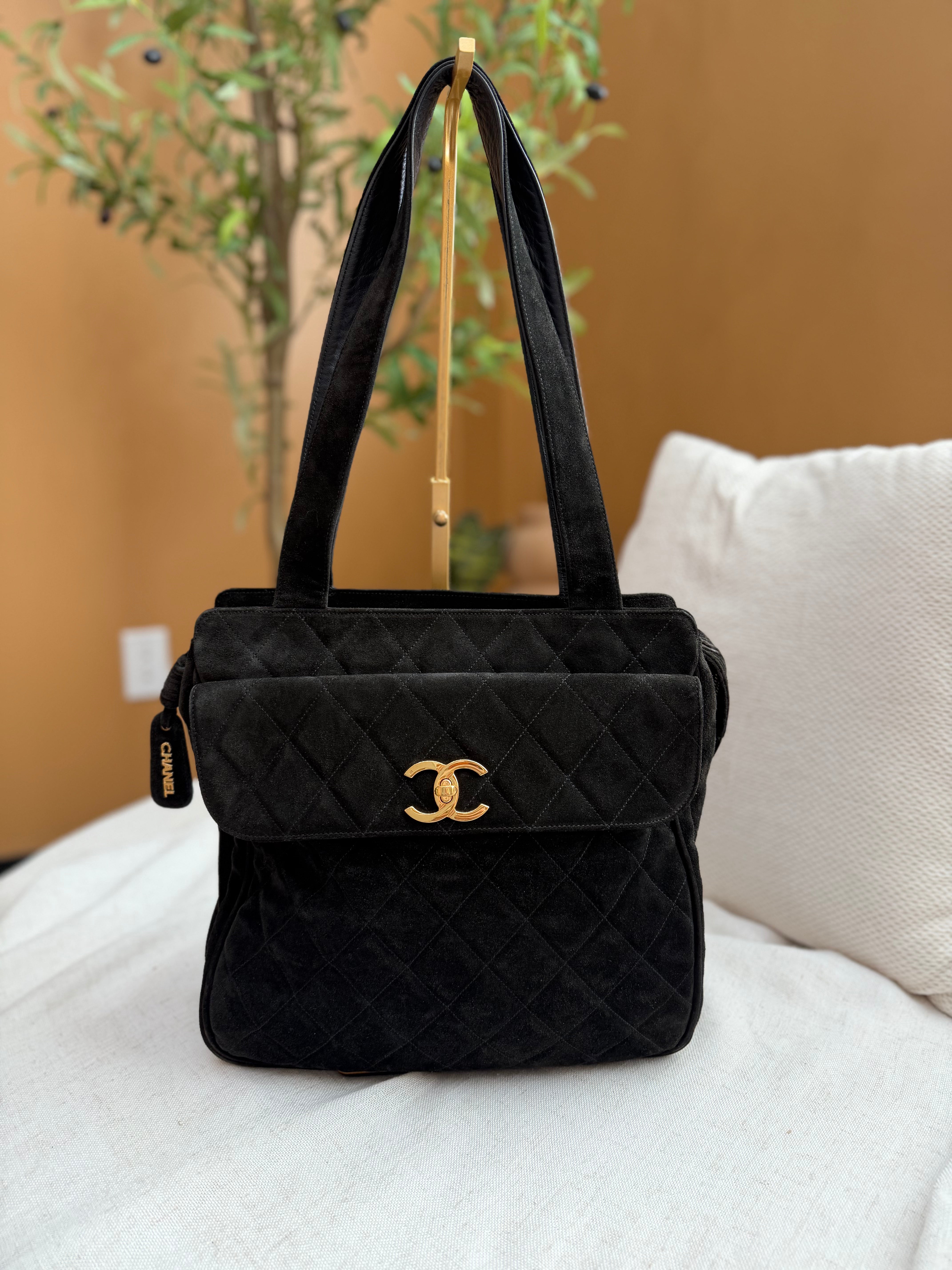 *DONS PRE-DROP* Chanel Black Suede Quilted CC Shopping Tote