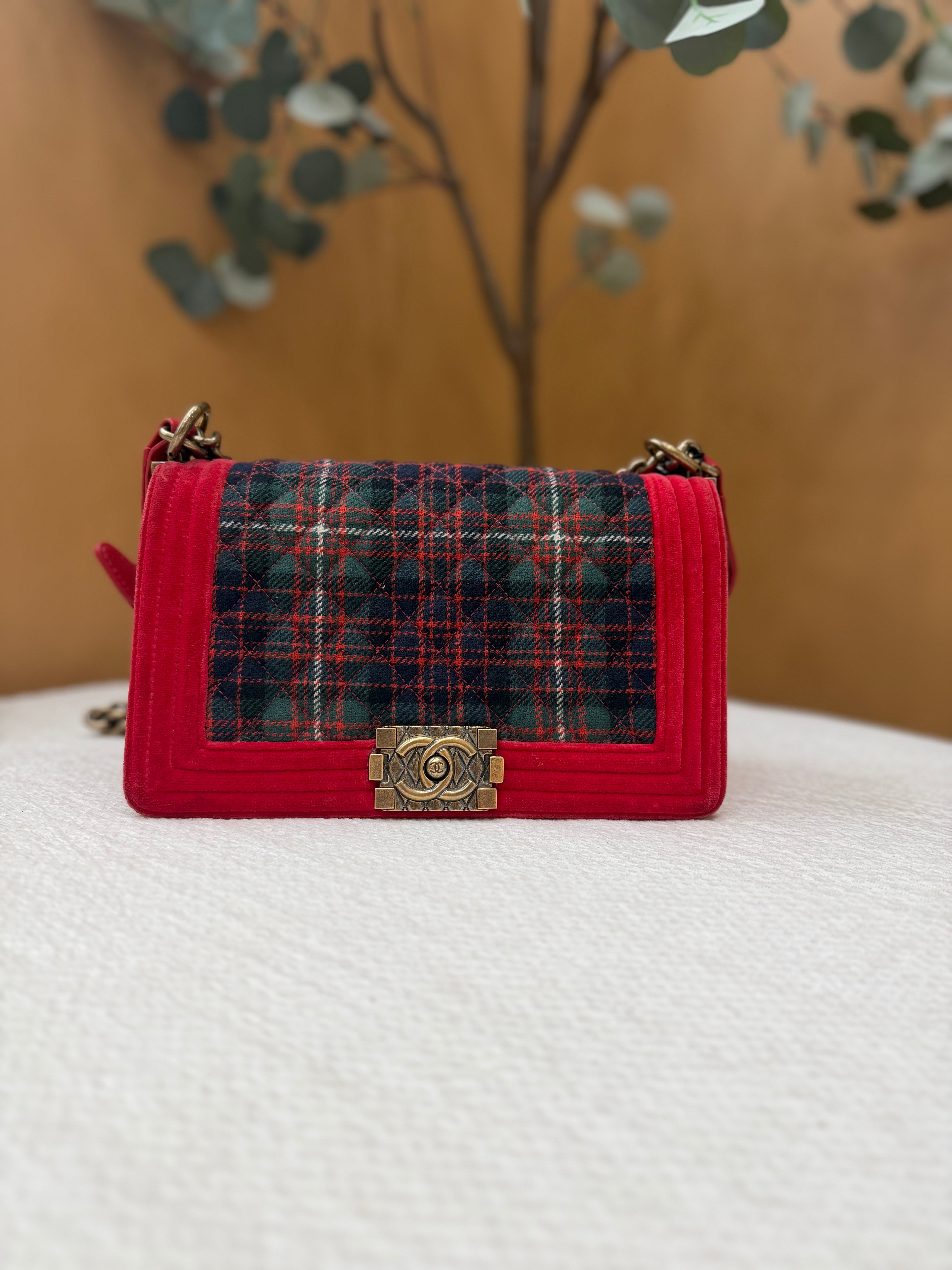 *DONS PRE-DROP* Chanel Red Velvet Tartan Plaid Small Boy Flap Bag