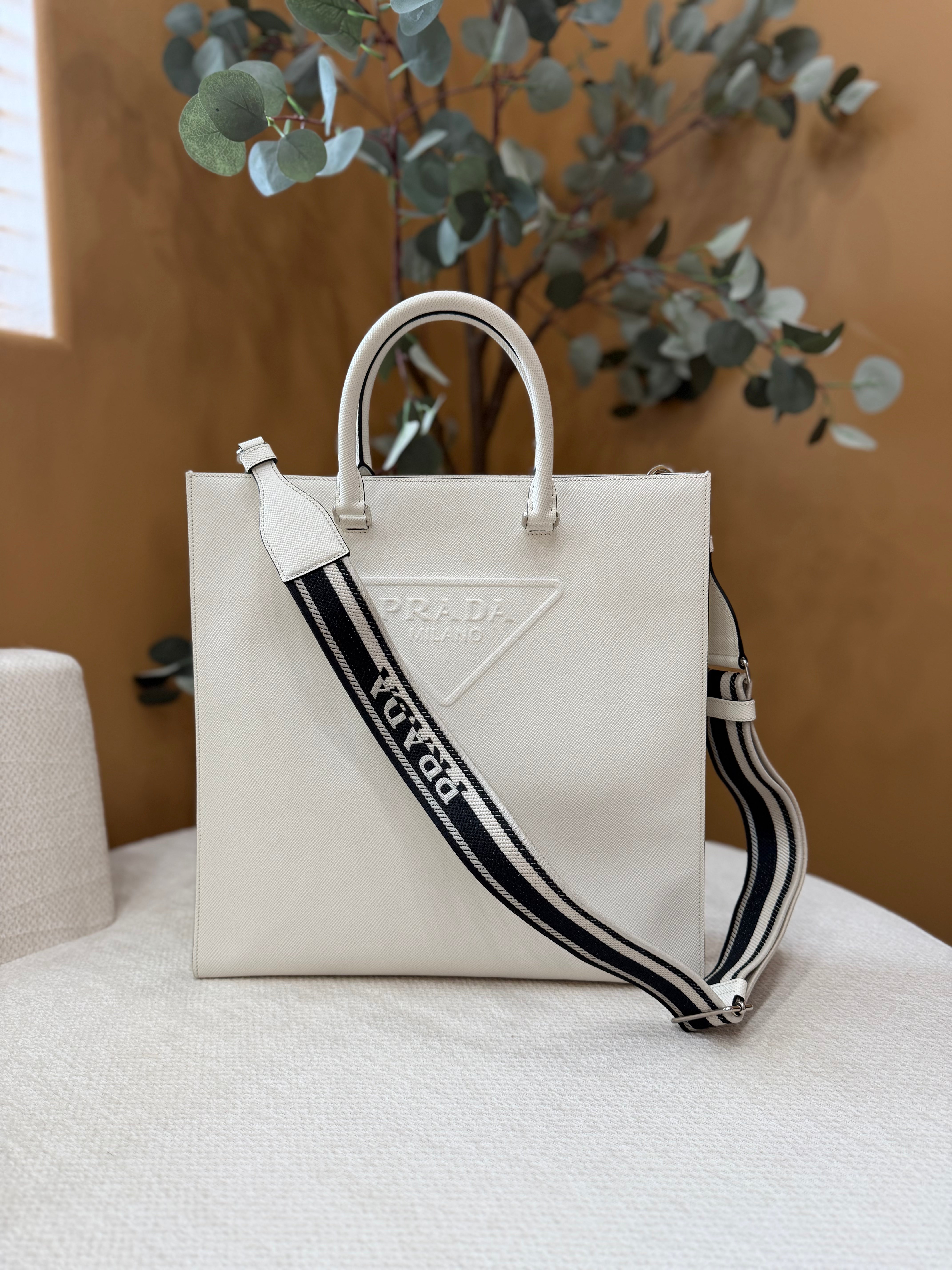 Prada White Saffiano Leather Embossed Triangle Tote Bag