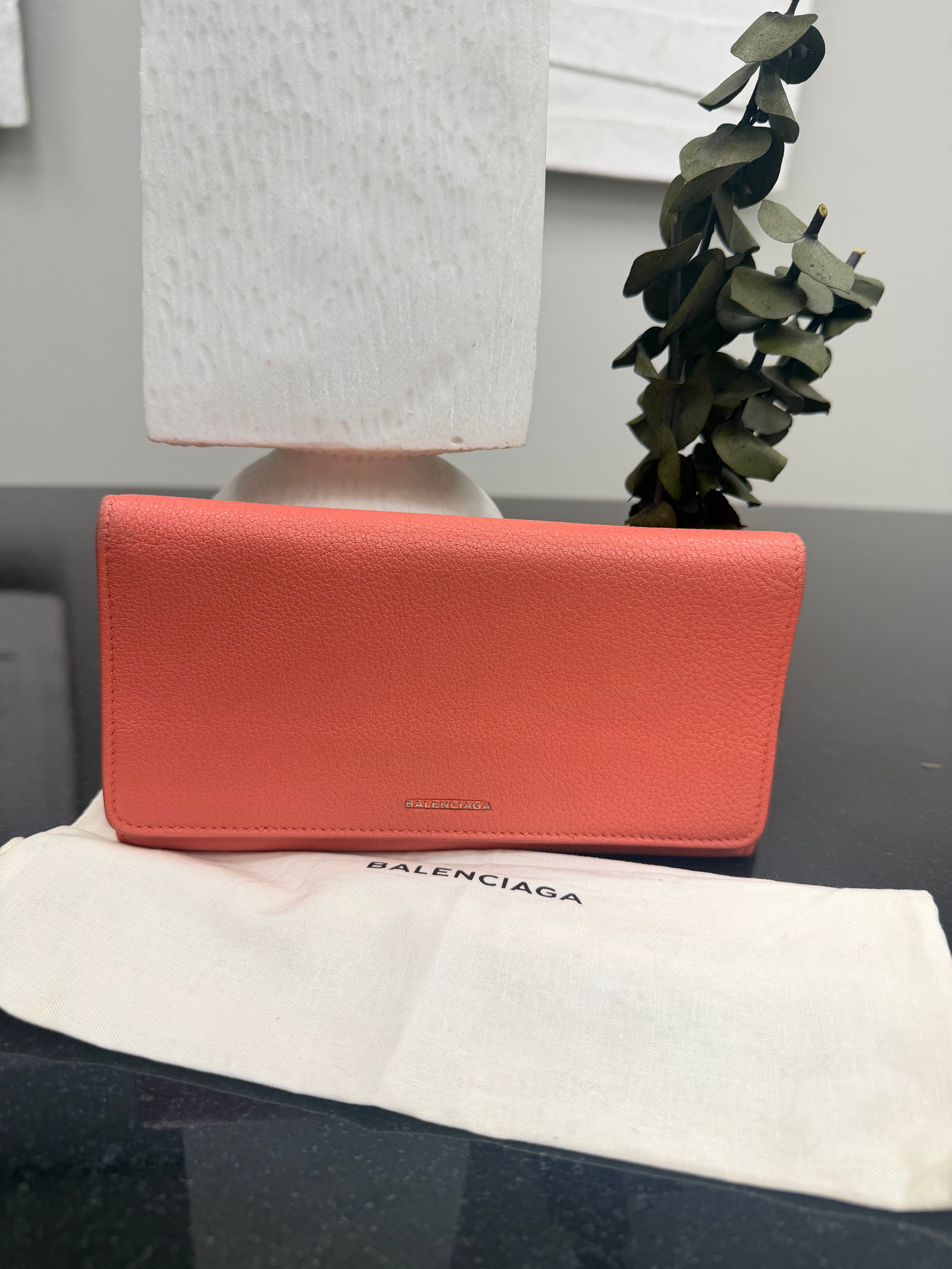 Balenciaga Coral Pink Grained Leather Flap wallet