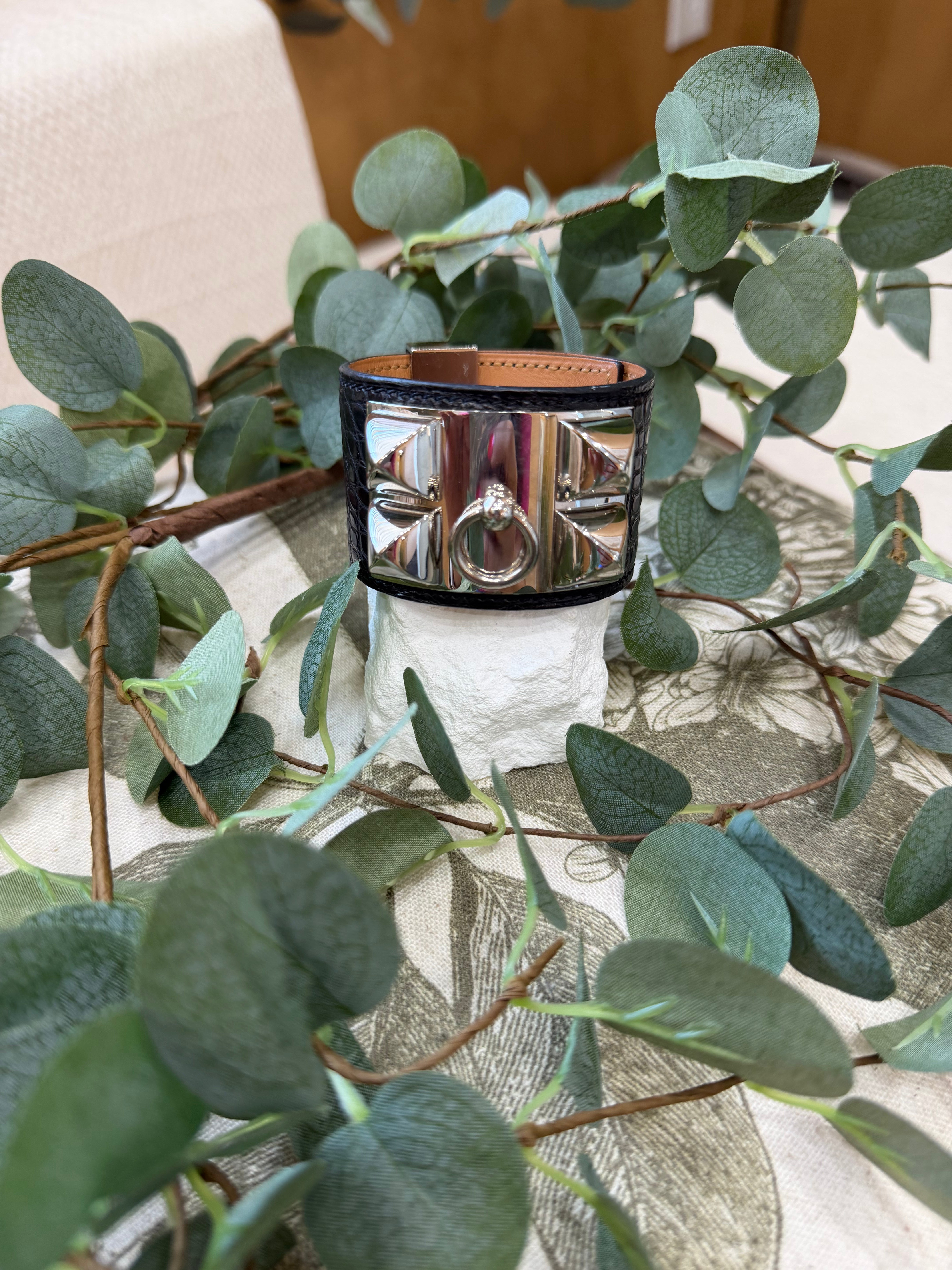 Hermes Black Matte Alligator Collier De Chien Bracelet