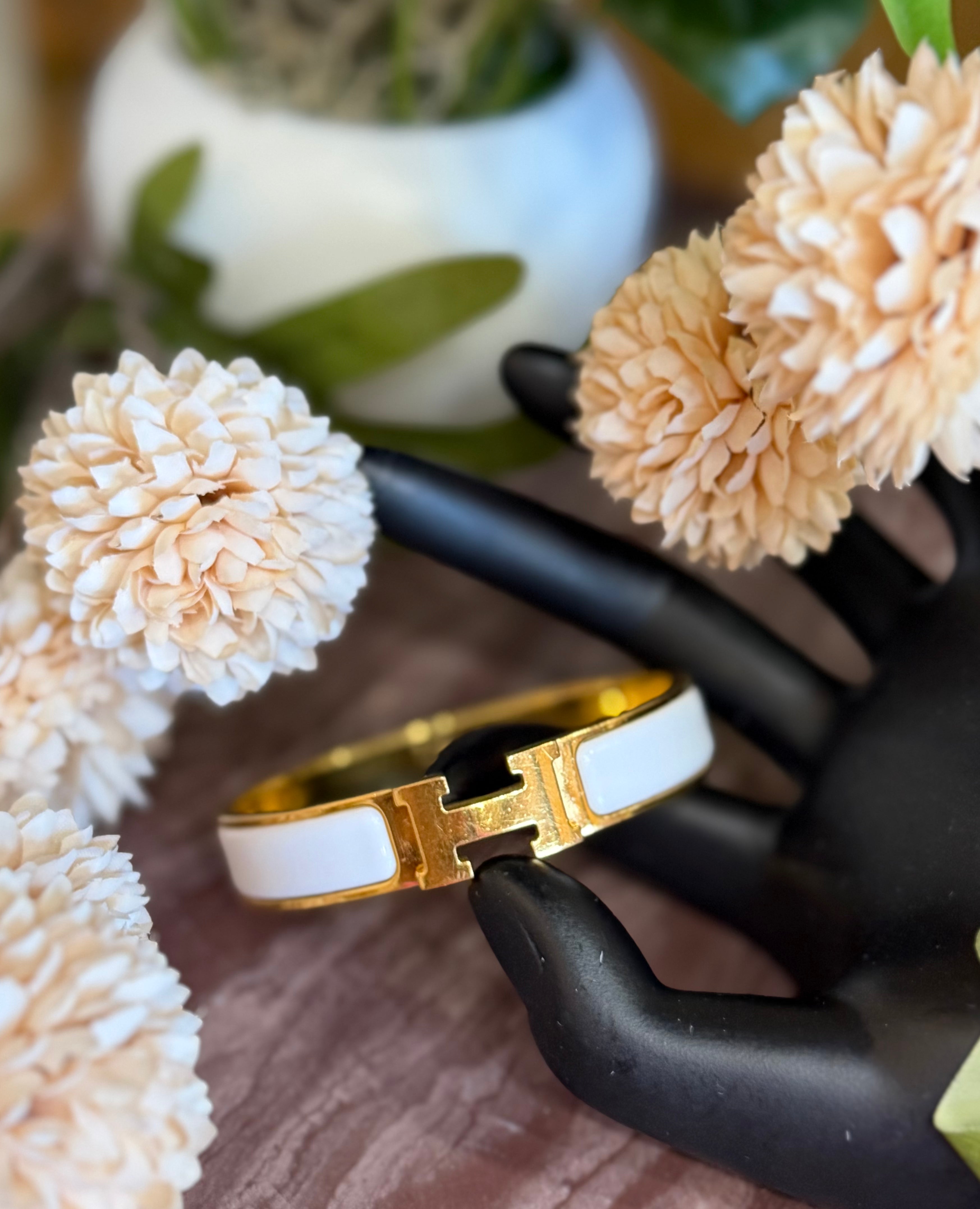 Hermes White & Gold Tone Clic Clac H Bracelet