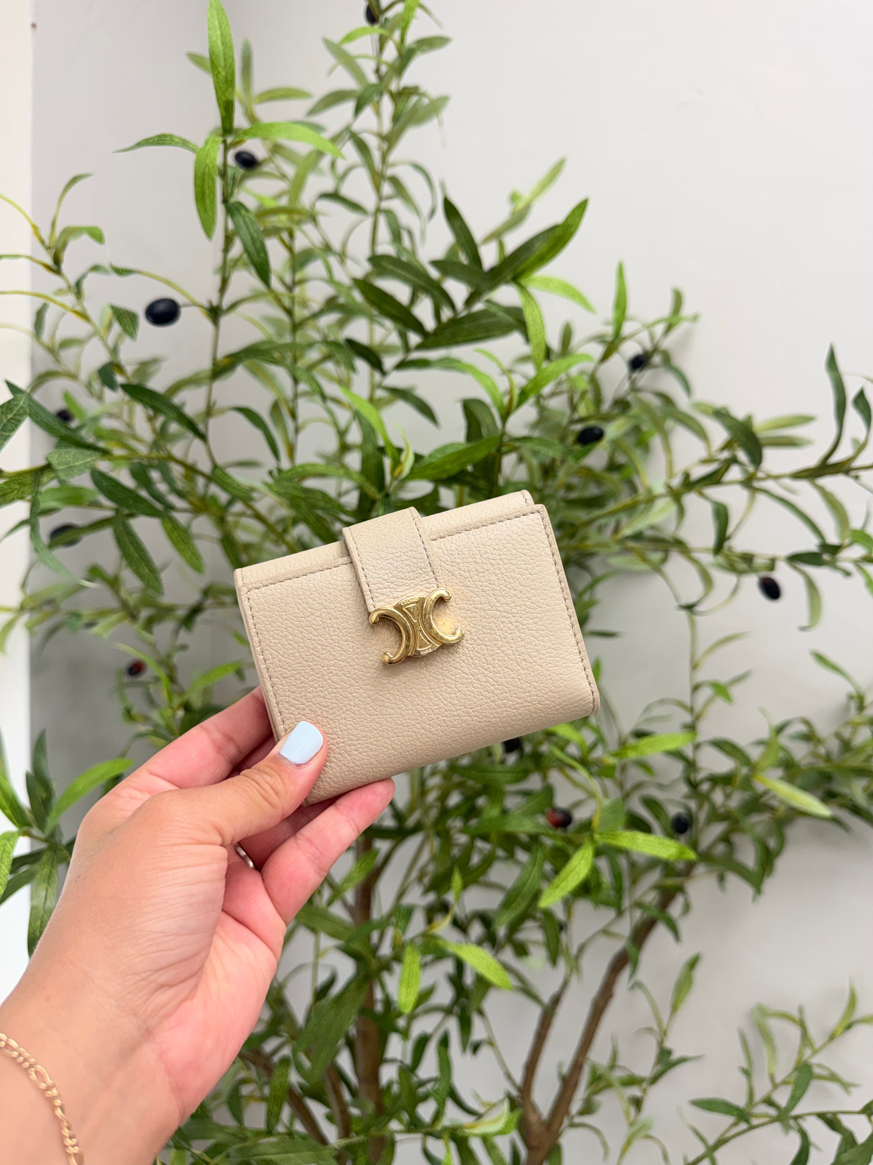 Celine Beige Grained Leather Compact Wallet