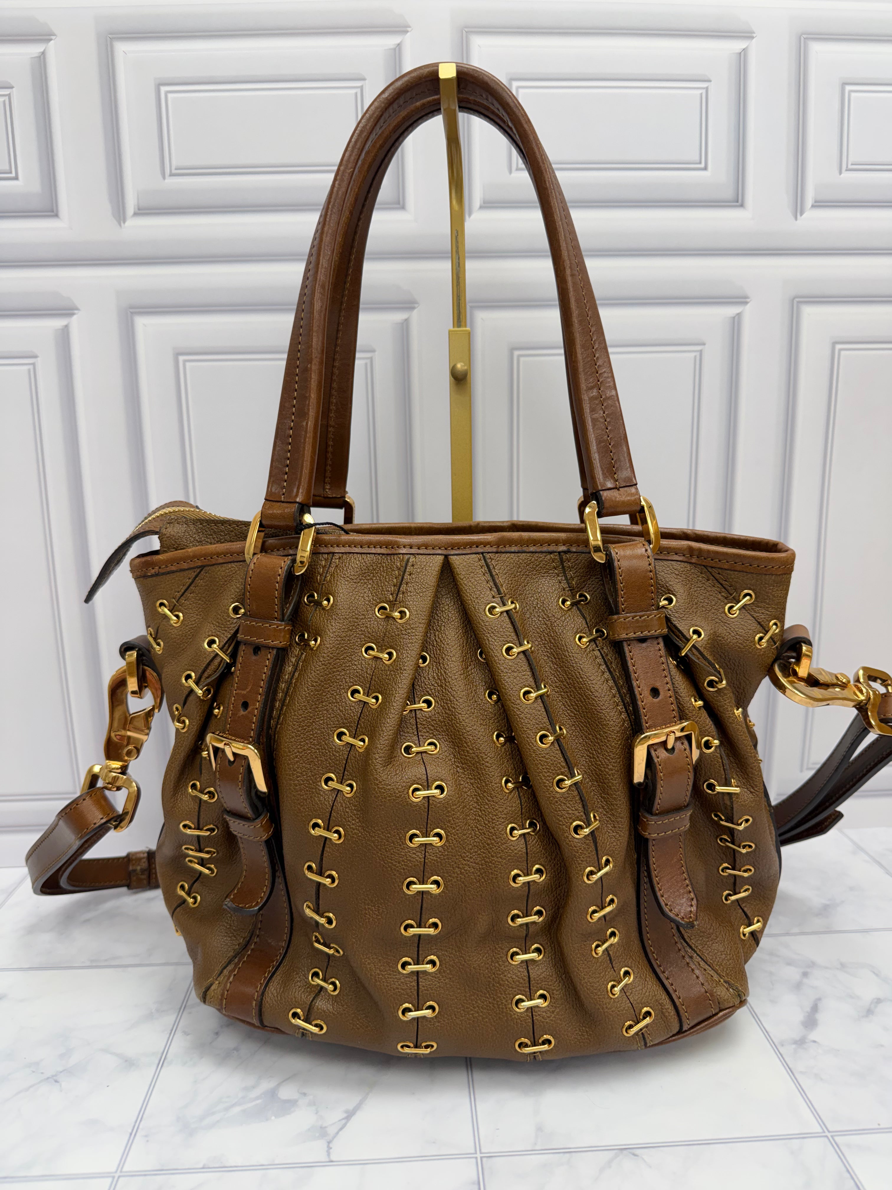 *DONS DROP* Burberry Vintage Brown Leather Metal Stitch Lowry Shoulder Bag