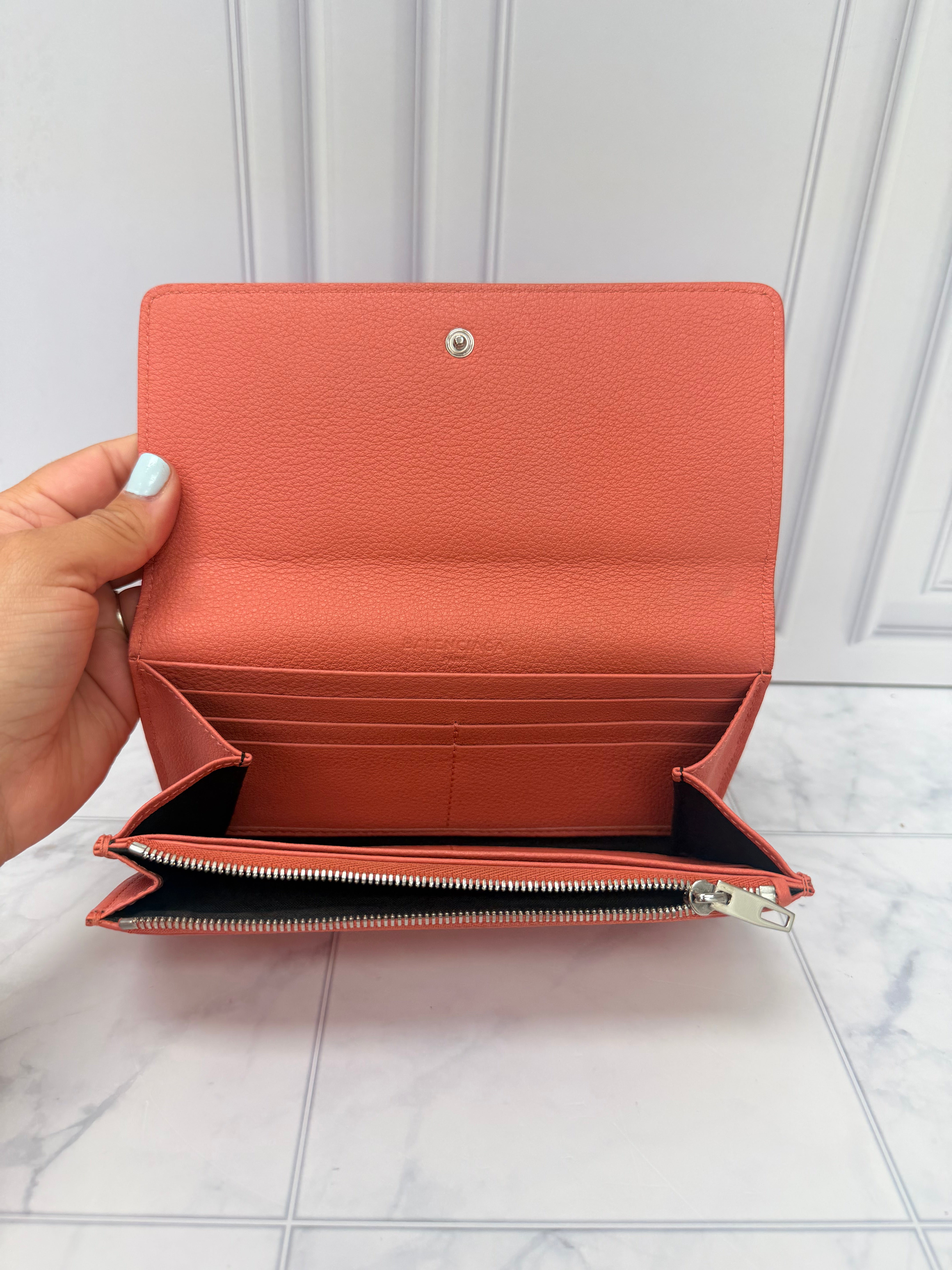 Balenciaga Coral Pink Grained Leather Flap wallet