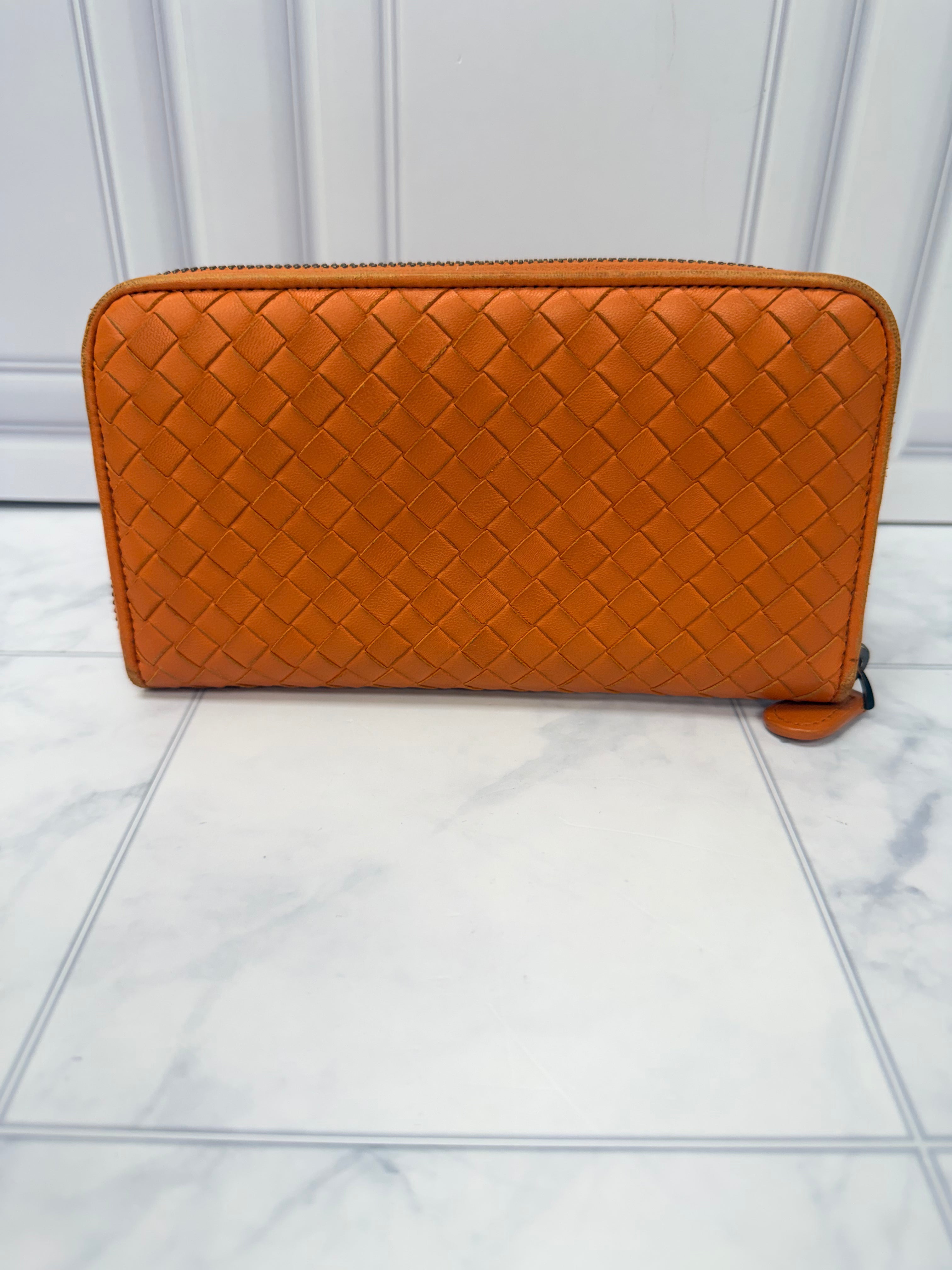 Bottega Veneta Orange Intrecciato leather Zippy Wallet