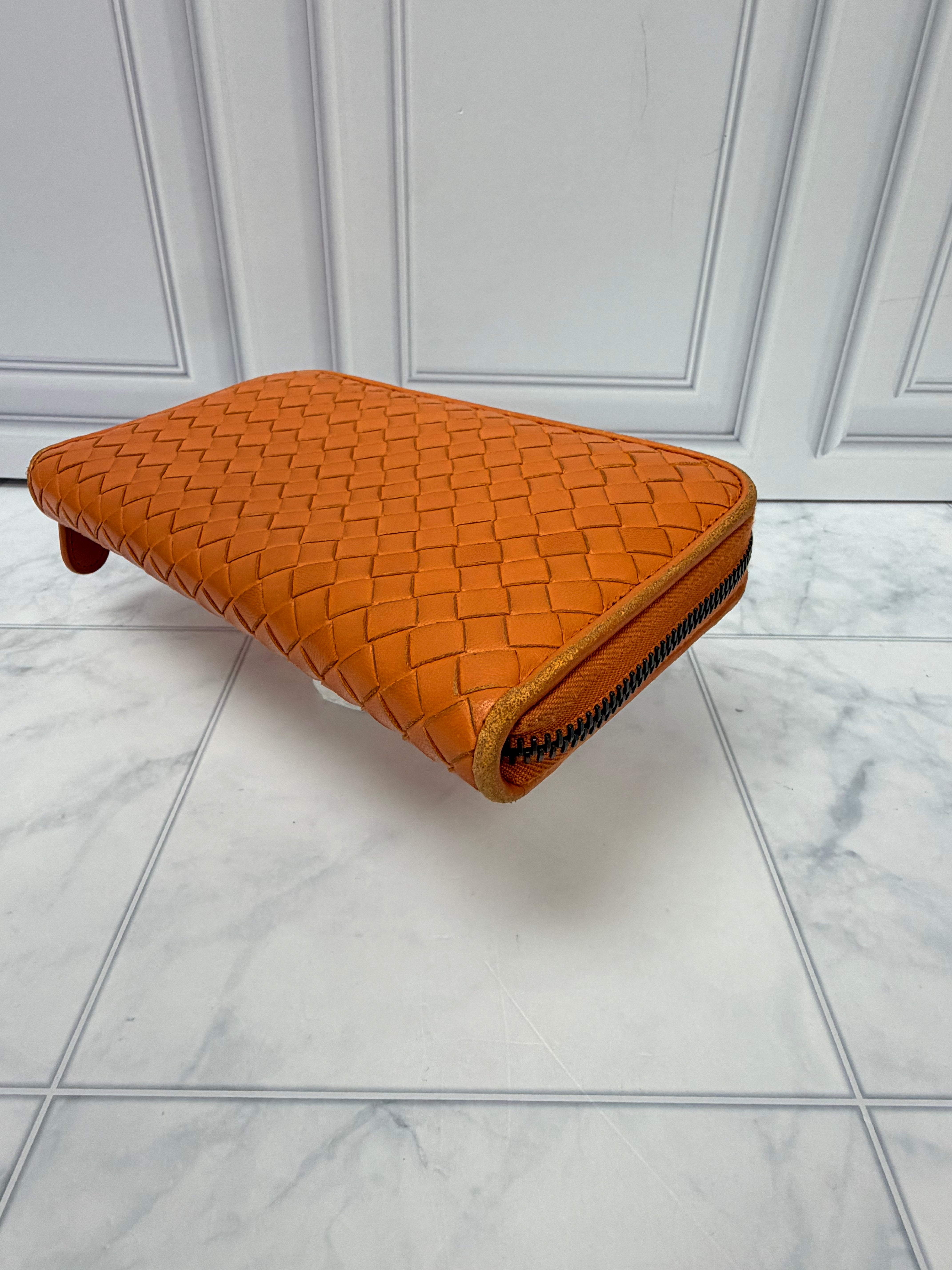Bottega Veneta Orange Intrecciato leather Zippy Wallet
