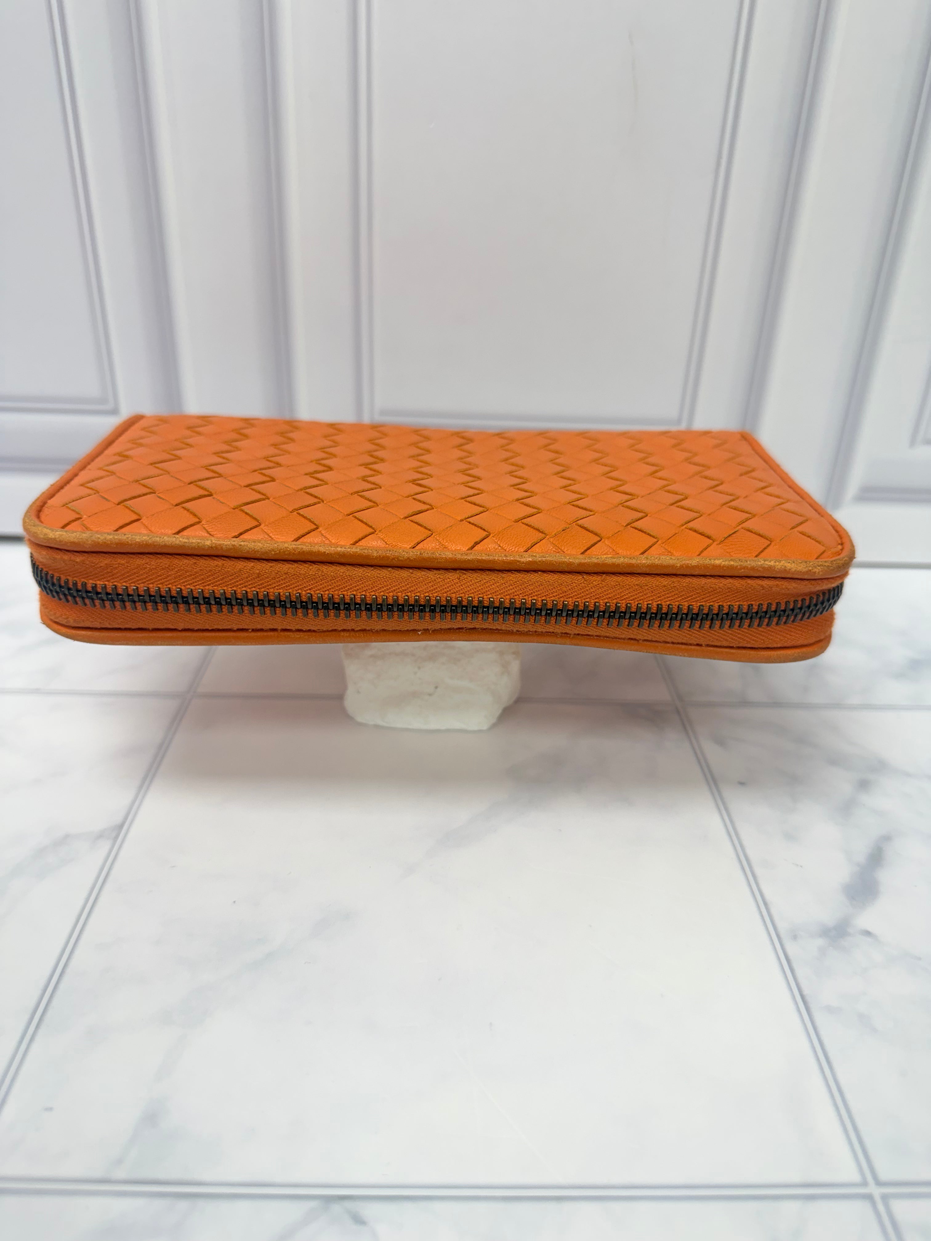 Bottega Veneta Orange Intrecciato leather Zippy Wallet