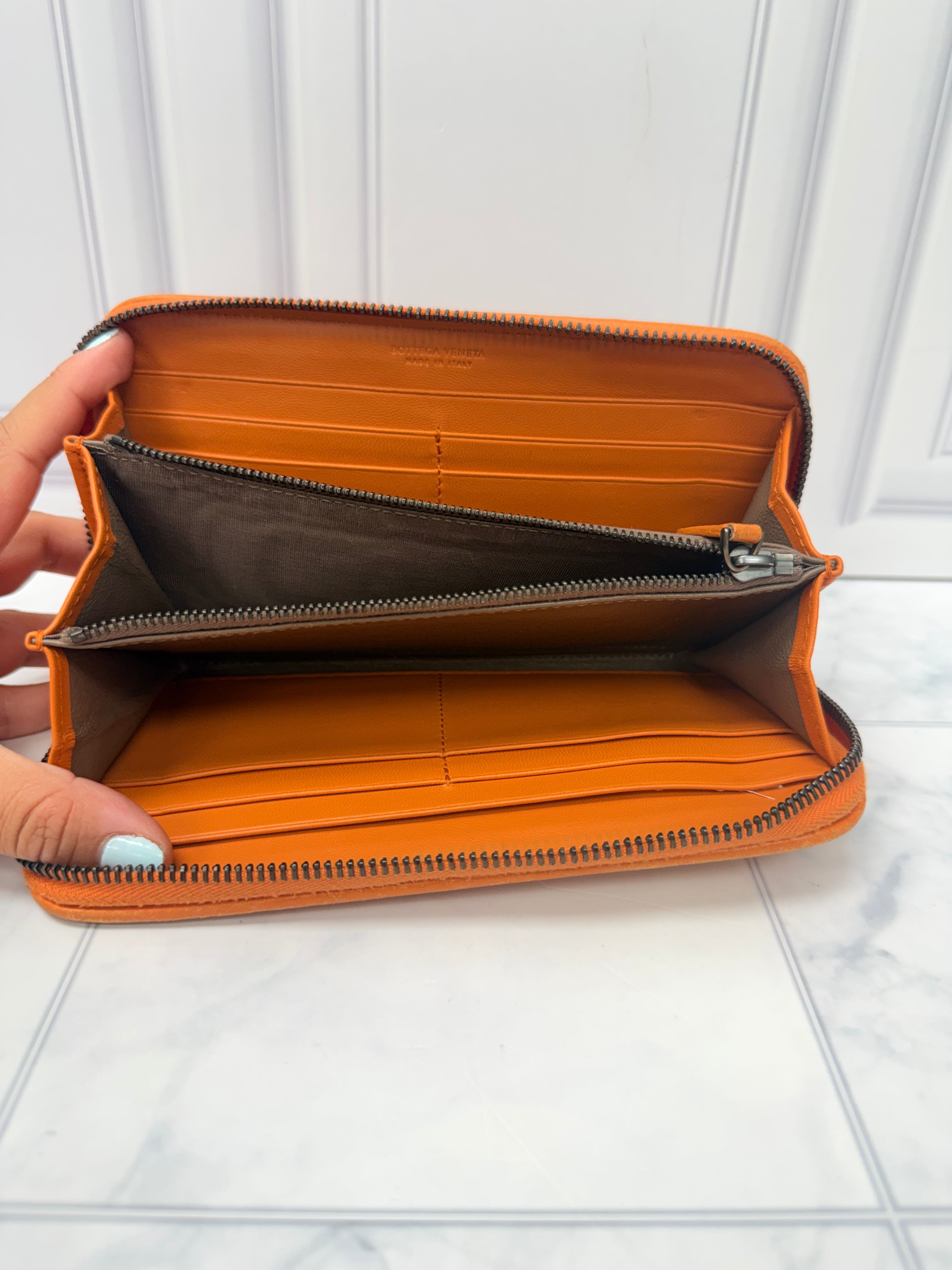 Bottega Veneta Orange Intrecciato leather Zippy Wallet