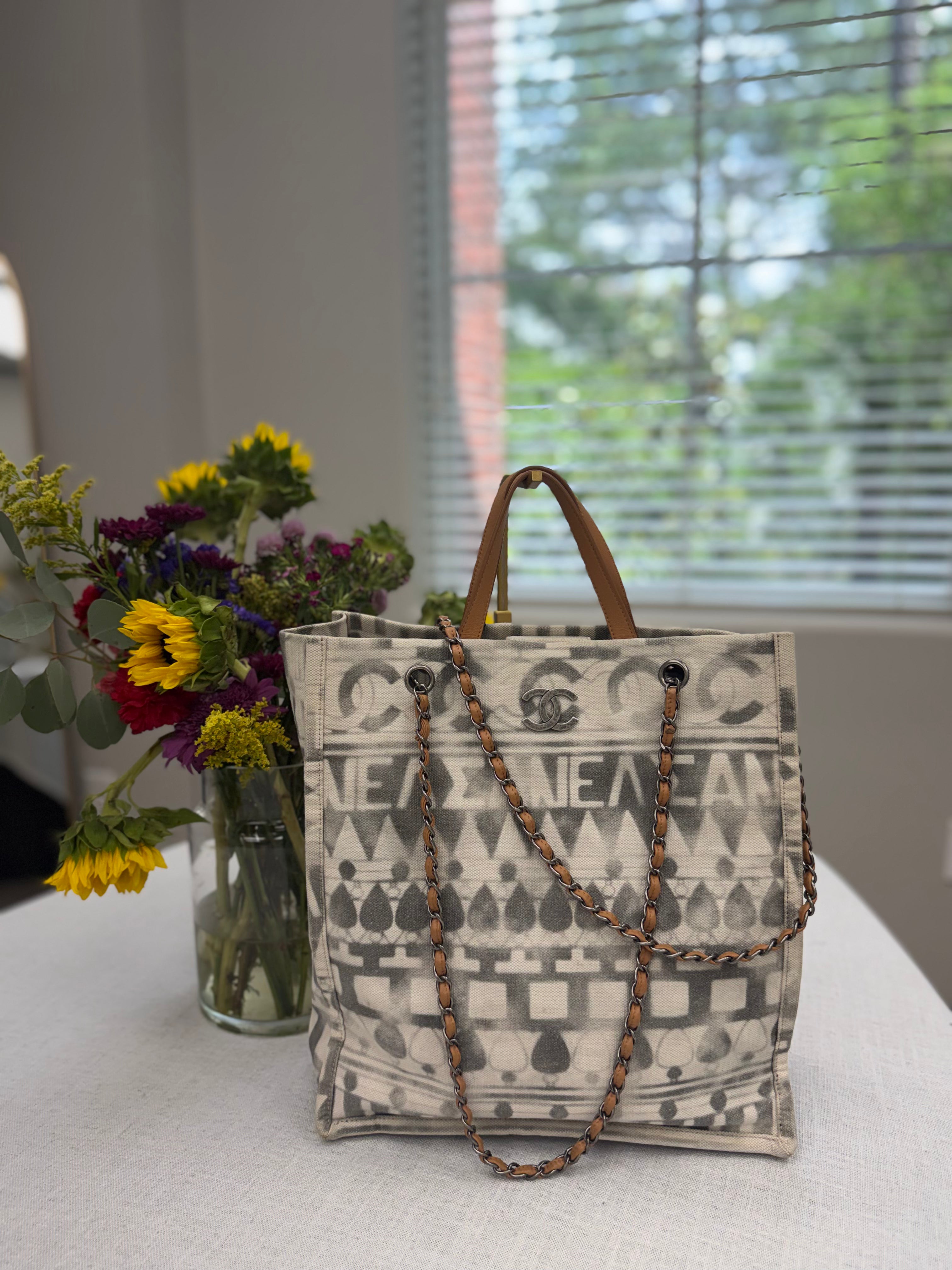 Chanel Beige And Grey Canvas Deauville Large Shopping Tote