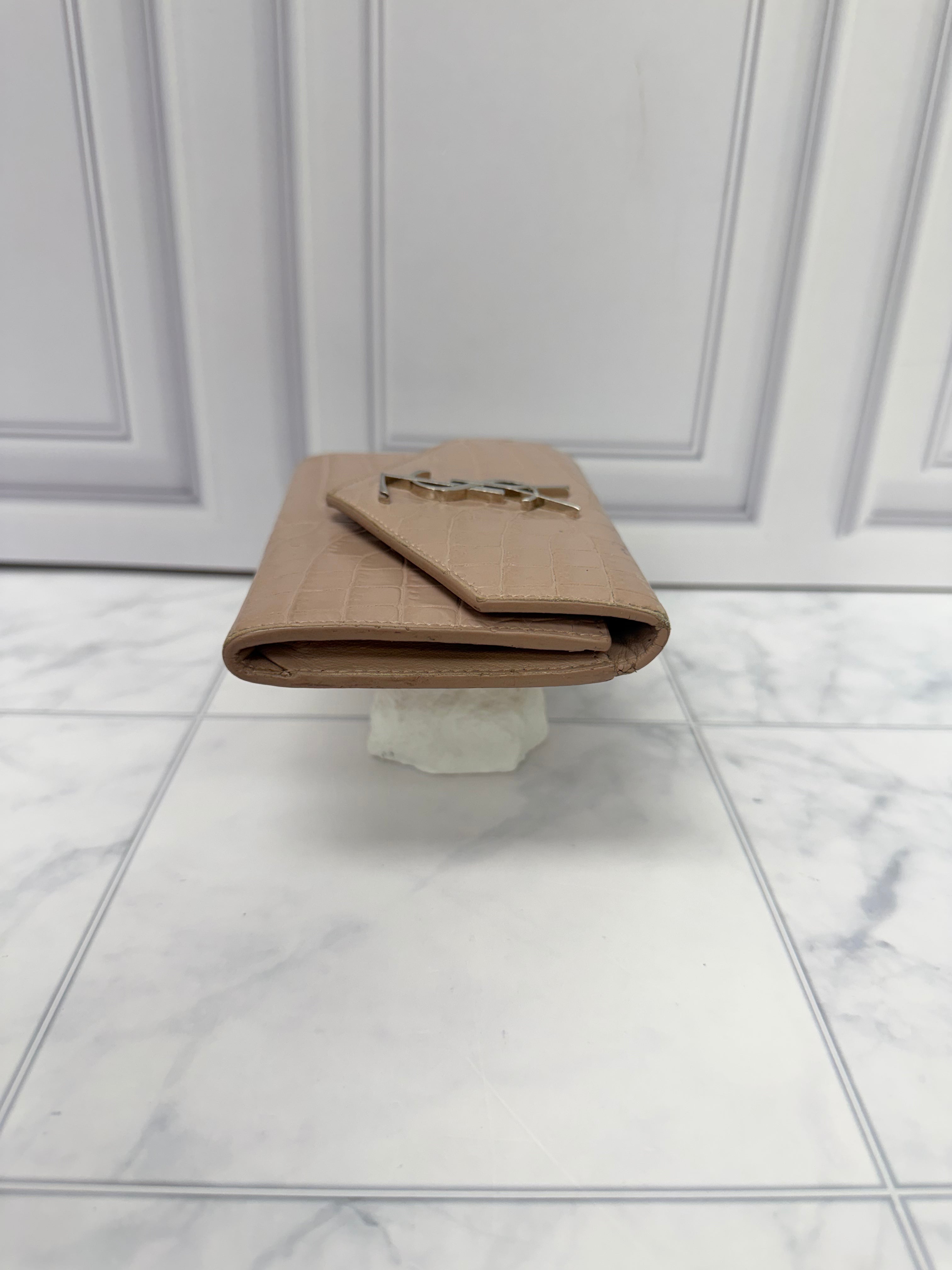 Saint Laurent YSL Beige Croc Embossed Envelope Wallet