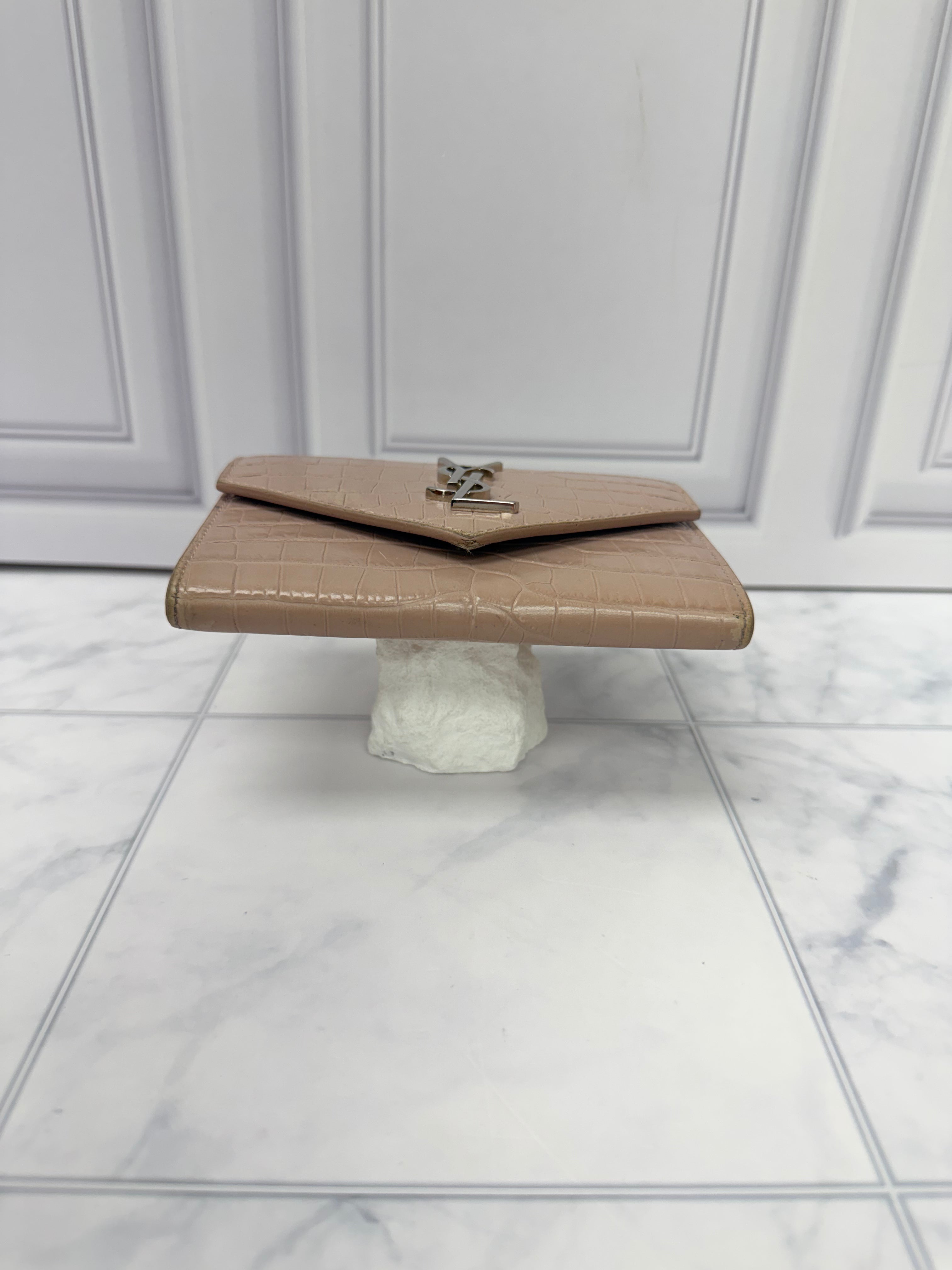 Saint Laurent YSL Beige Croc Embossed Envelope Wallet