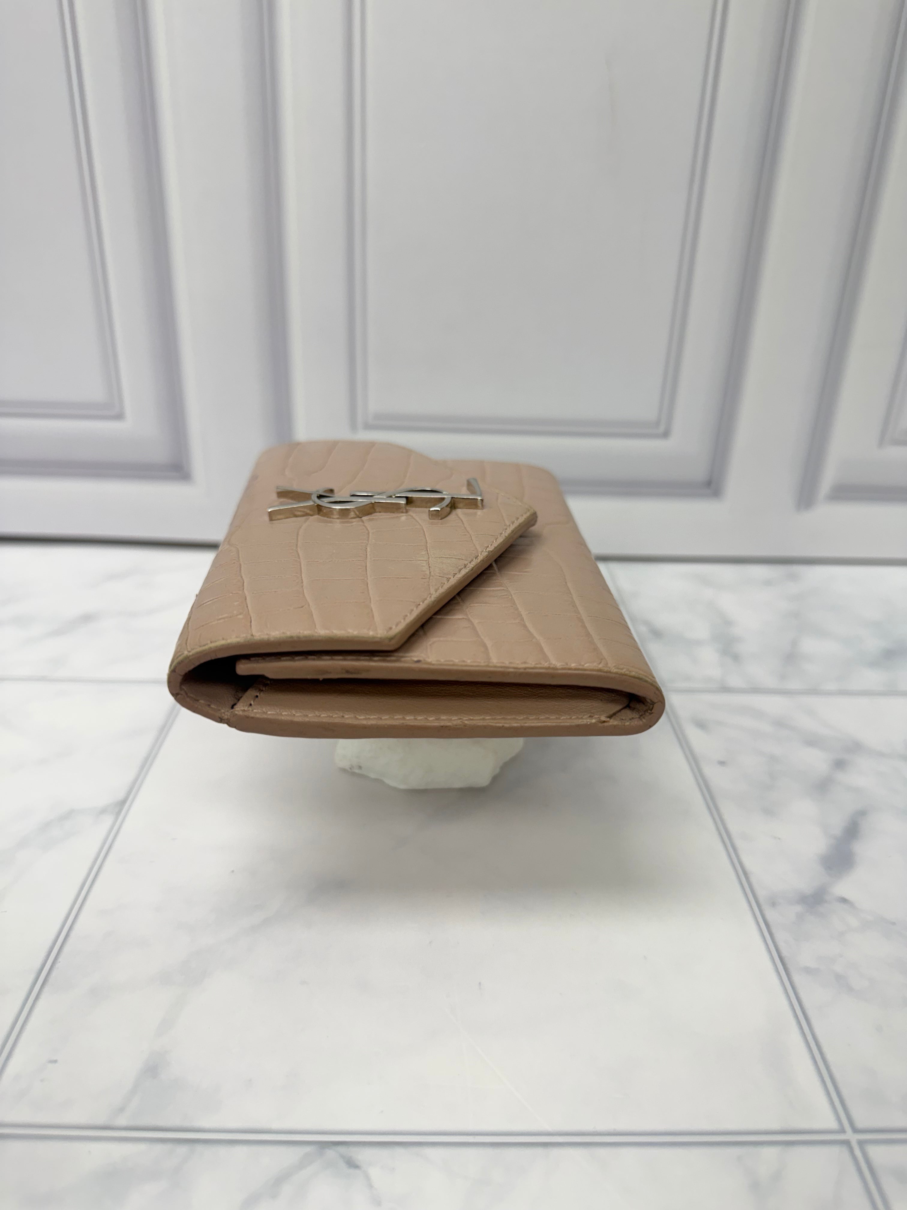 Saint Laurent YSL Beige Croc Embossed Envelope Wallet