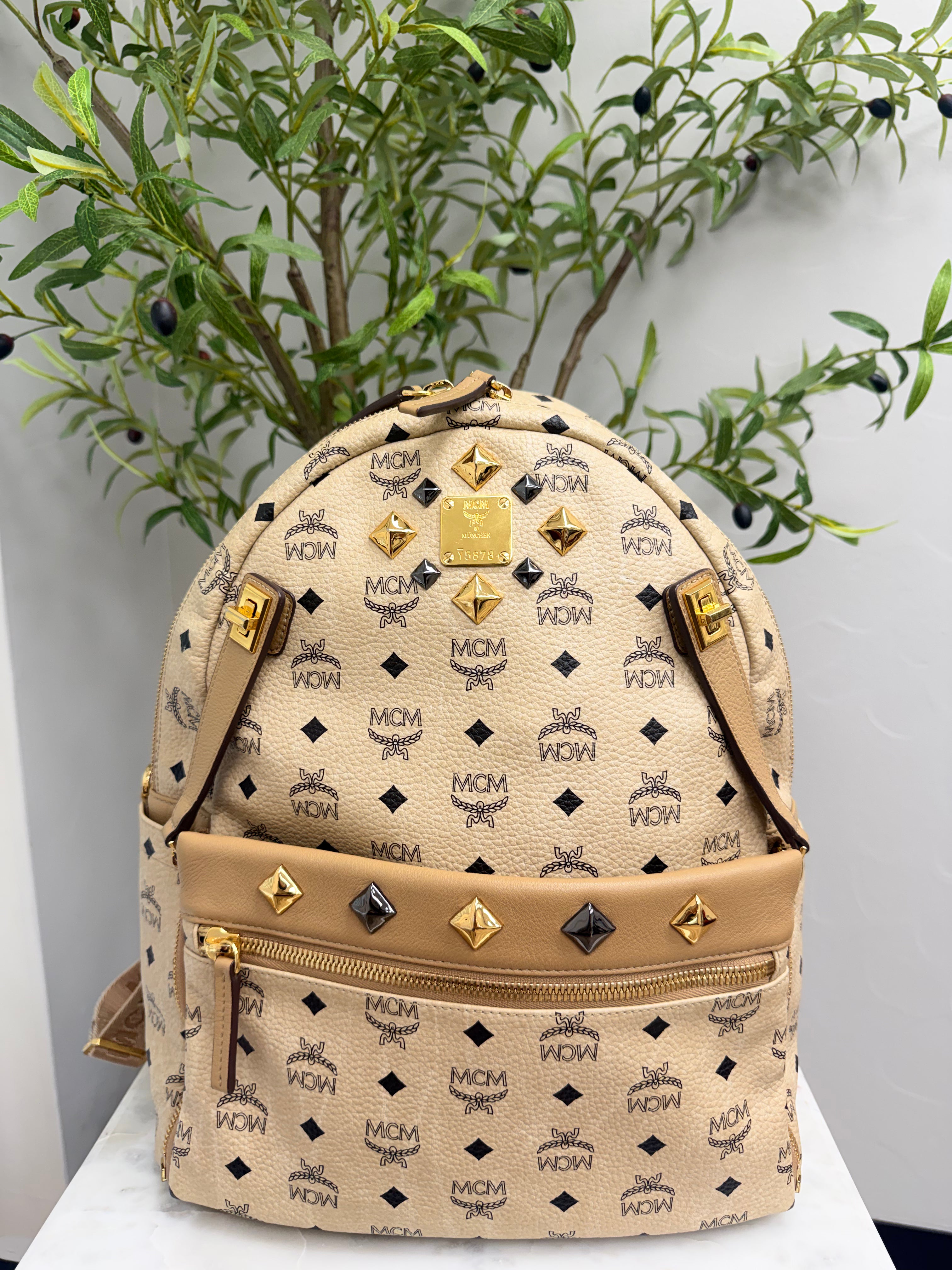 MCM Beige Viseto Leather Large Studded Backpack & Front Detachable Pouch