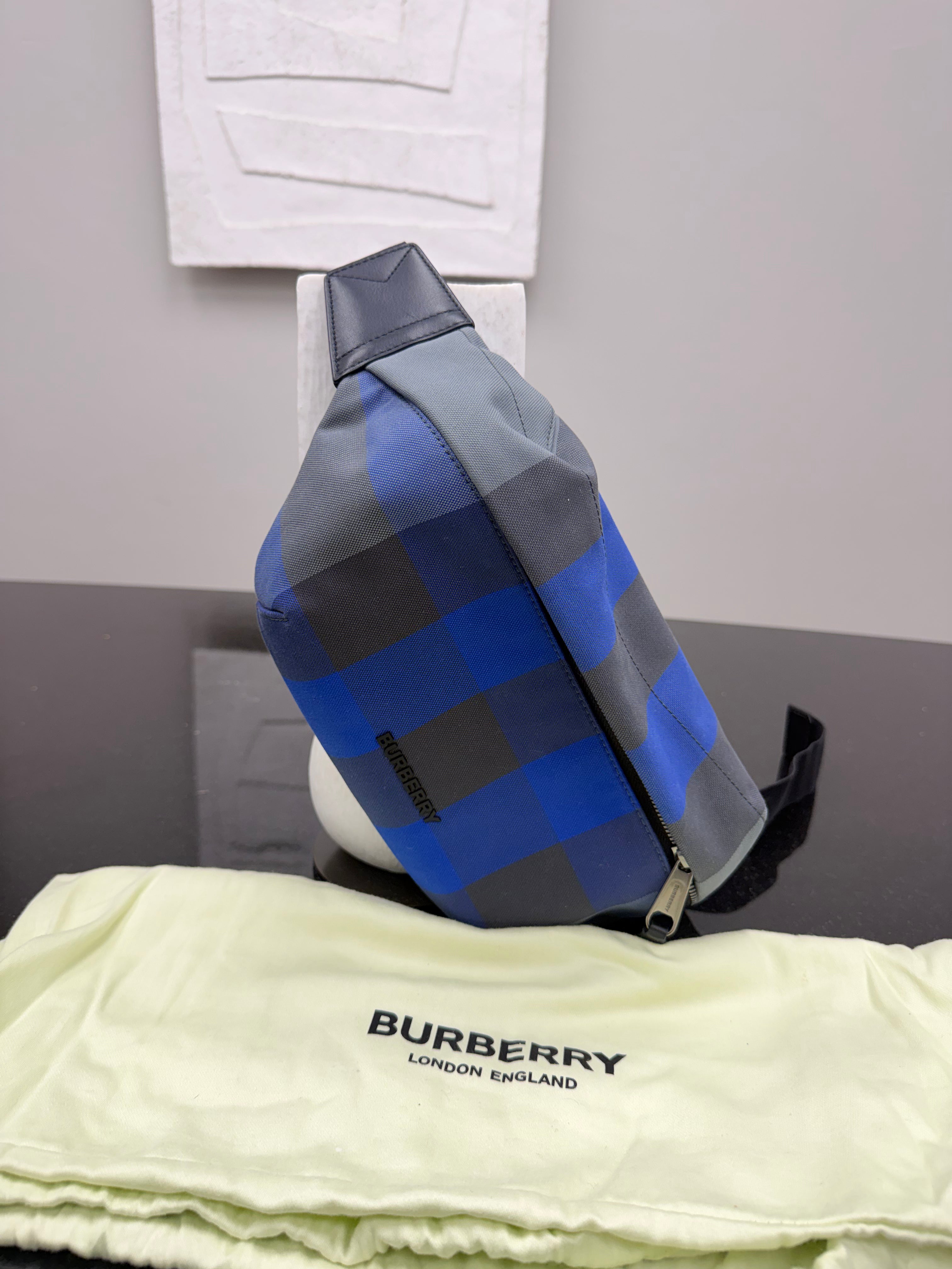 LIKE NEW Burberry Blue And Grey House Check Canvas Sonny Belt Bag
