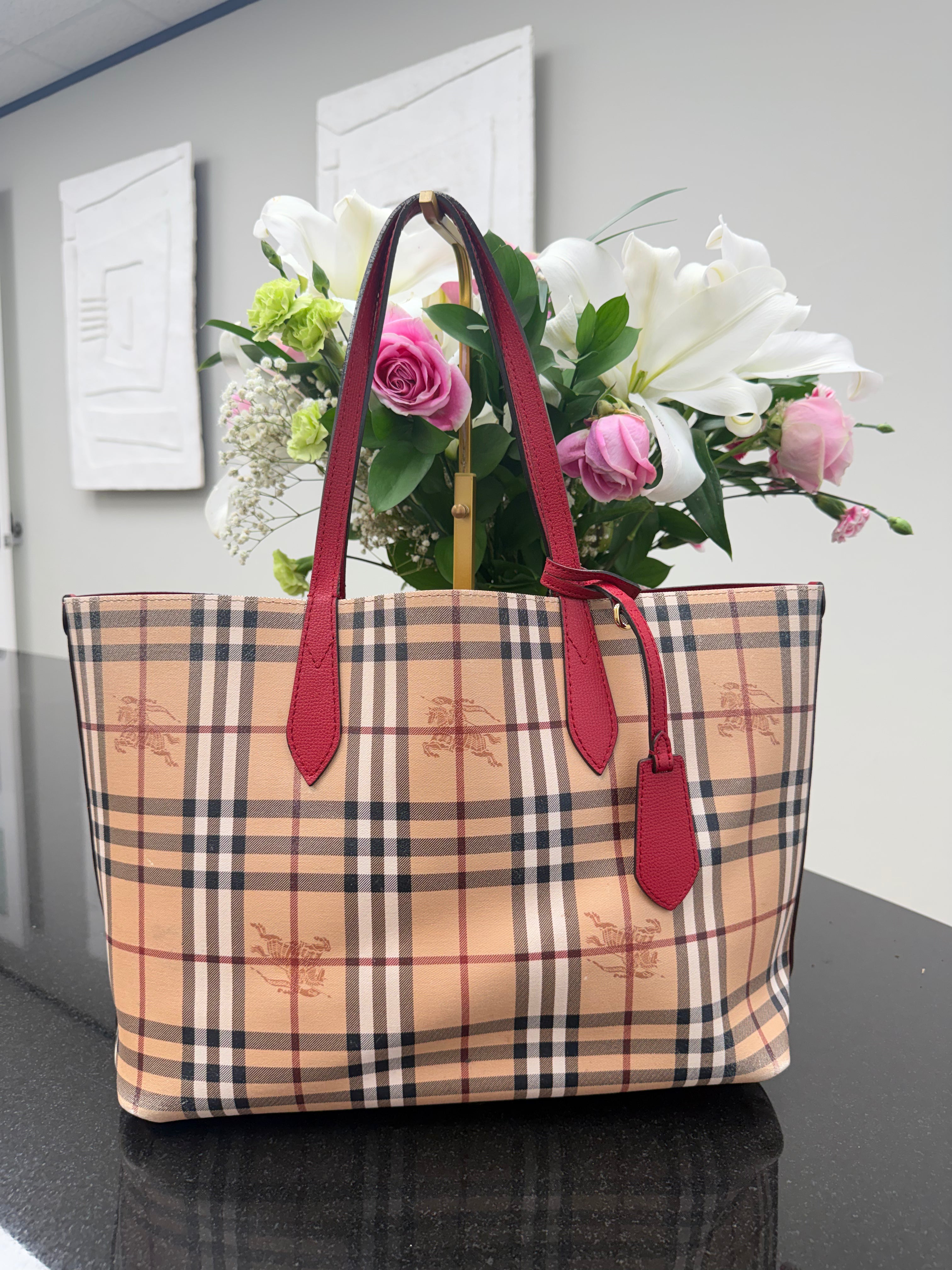 Burberry Beige And Red Coated Canvas And Leather Reversible Tote Bag