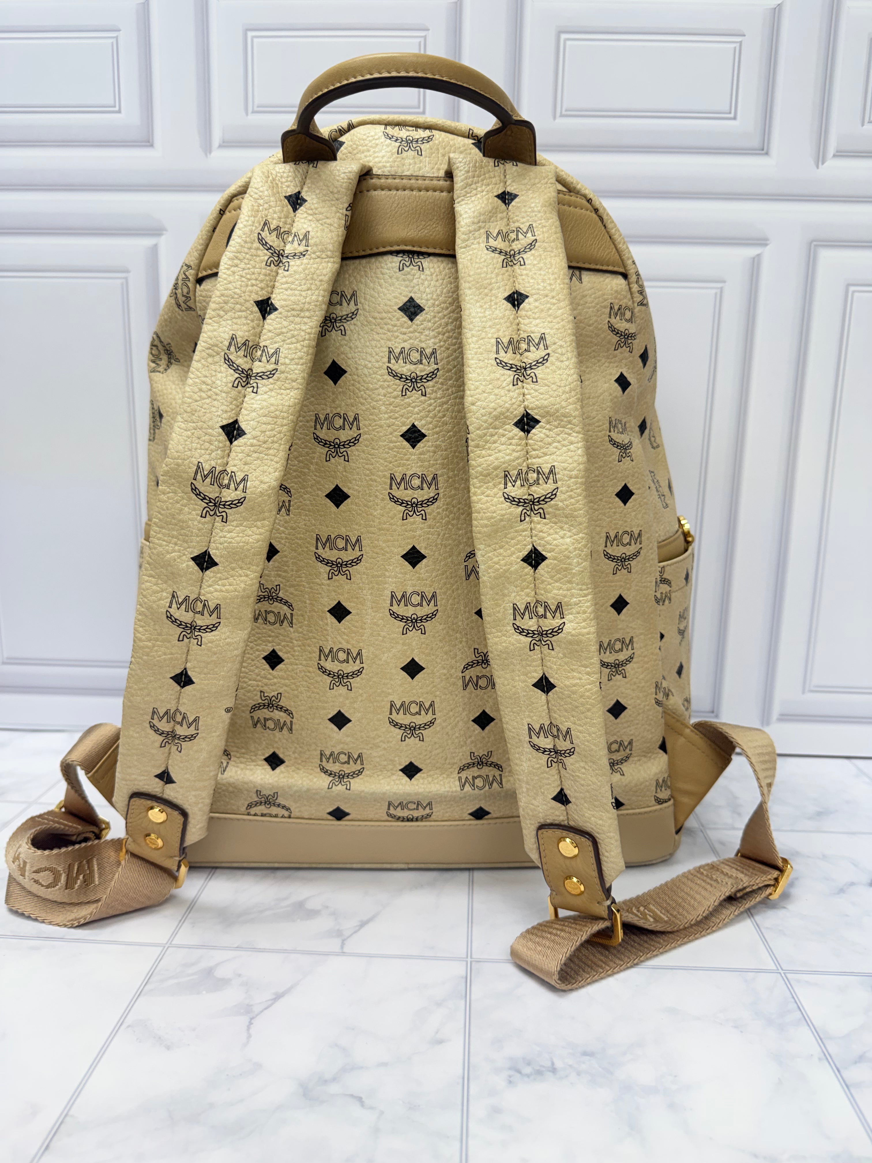 MCM Beige Viseto Leather Large Studded Backpack & Front Detachable Pouch