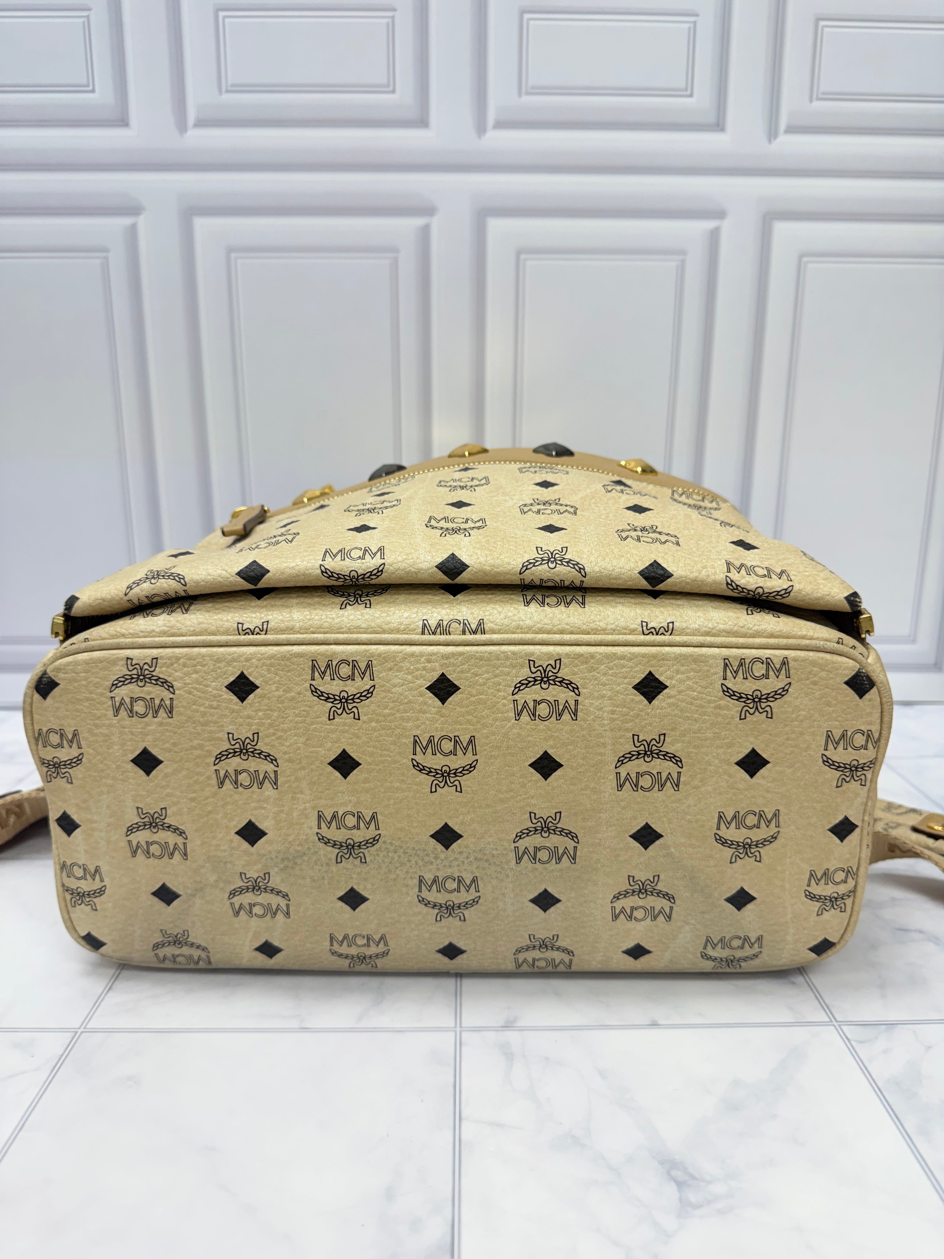 MCM Beige Viseto Leather Large Studded Backpack & Front Detachable Pouch