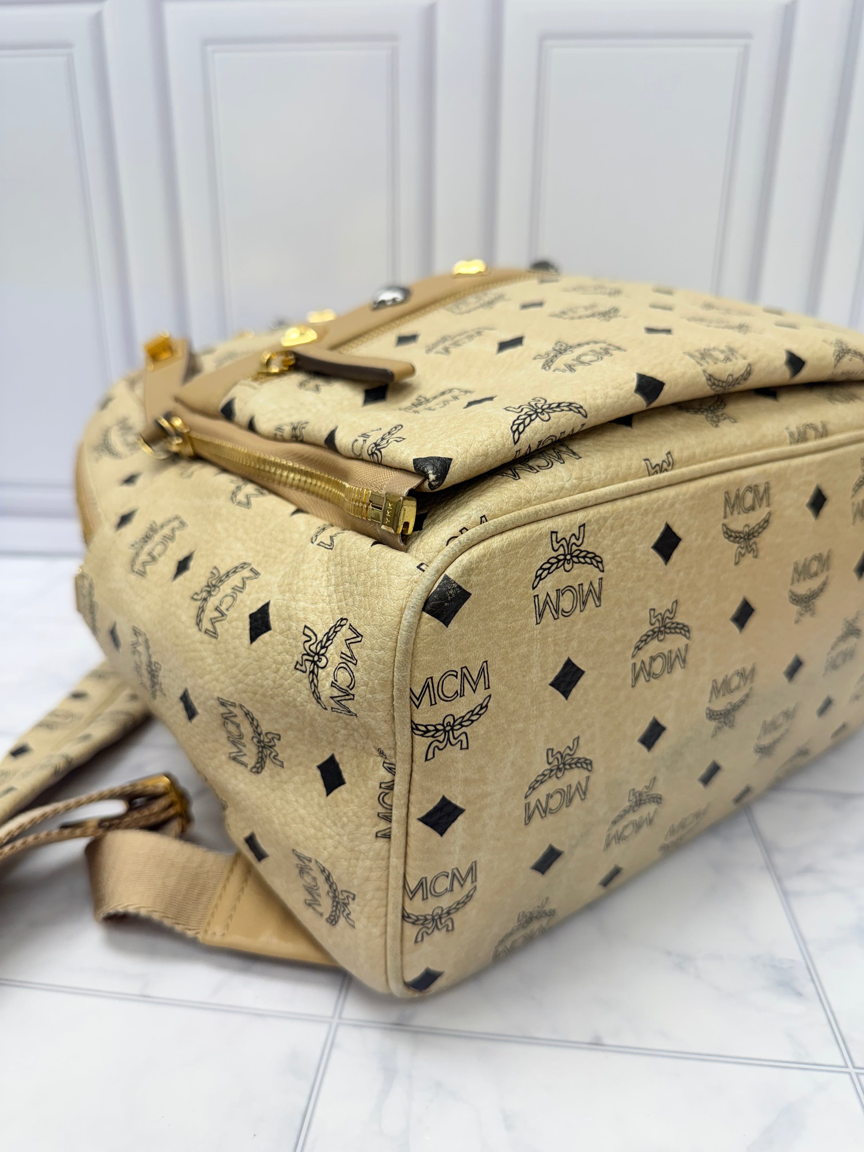 MCM Beige Viseto Leather Large Studded Backpack & Front Detachable Pouch