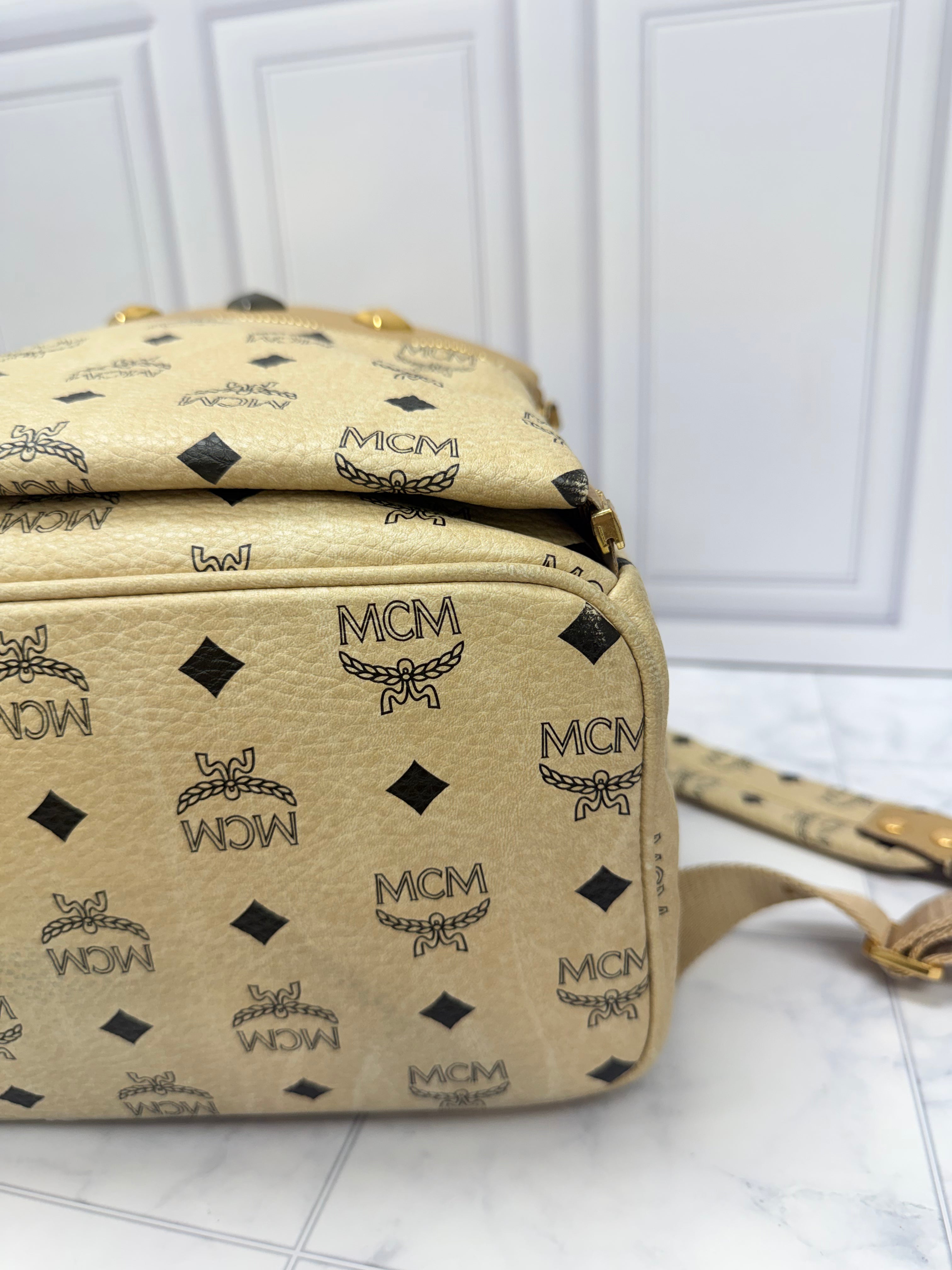 MCM Beige Viseto Leather Large Studded Backpack & Front Detachable Pouch