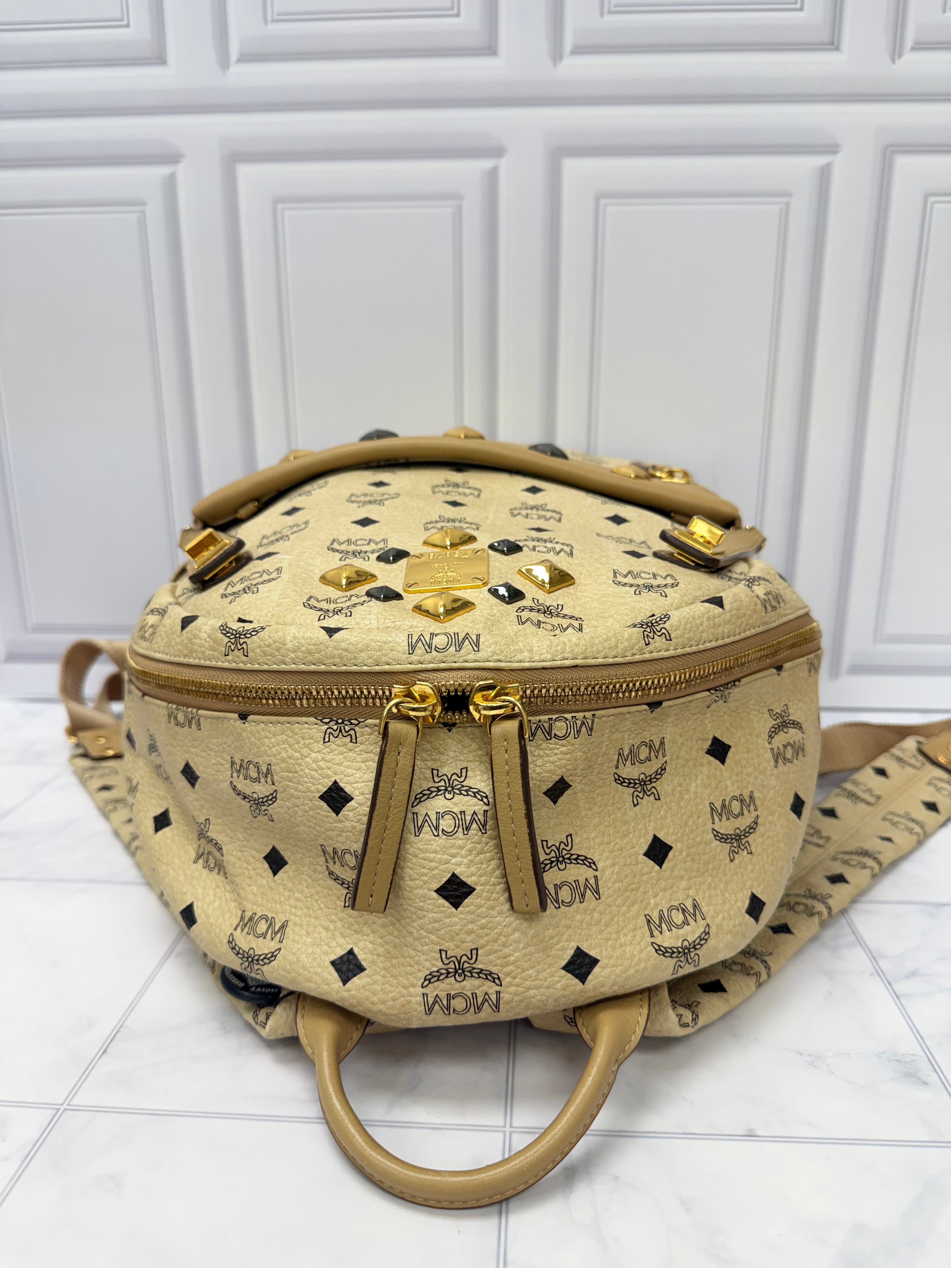 MCM Beige Viseto Leather Large Studded Backpack & Front Detachable Pouch