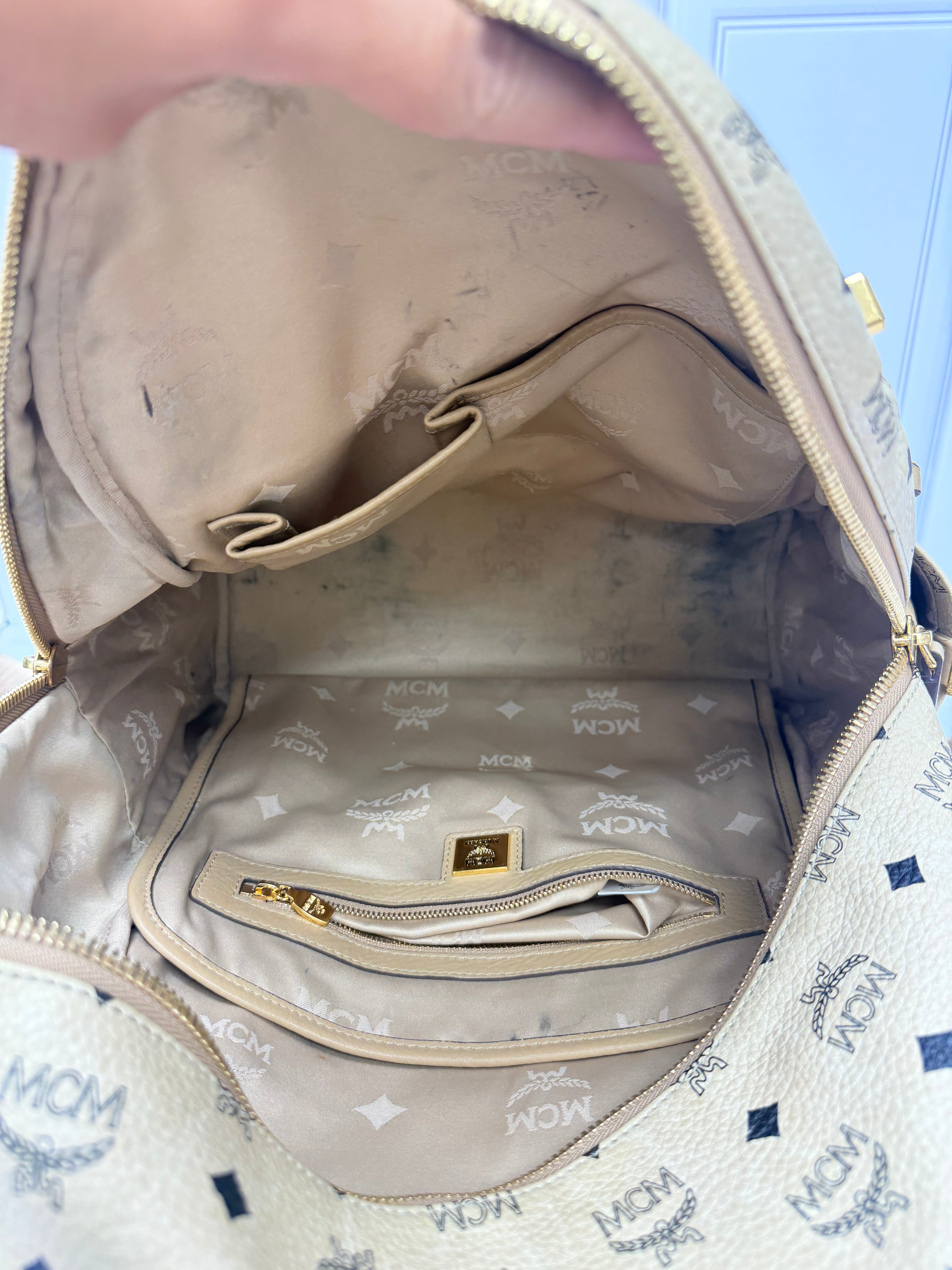 MCM Beige Viseto Leather Large Studded Backpack & Front Detachable Pouch