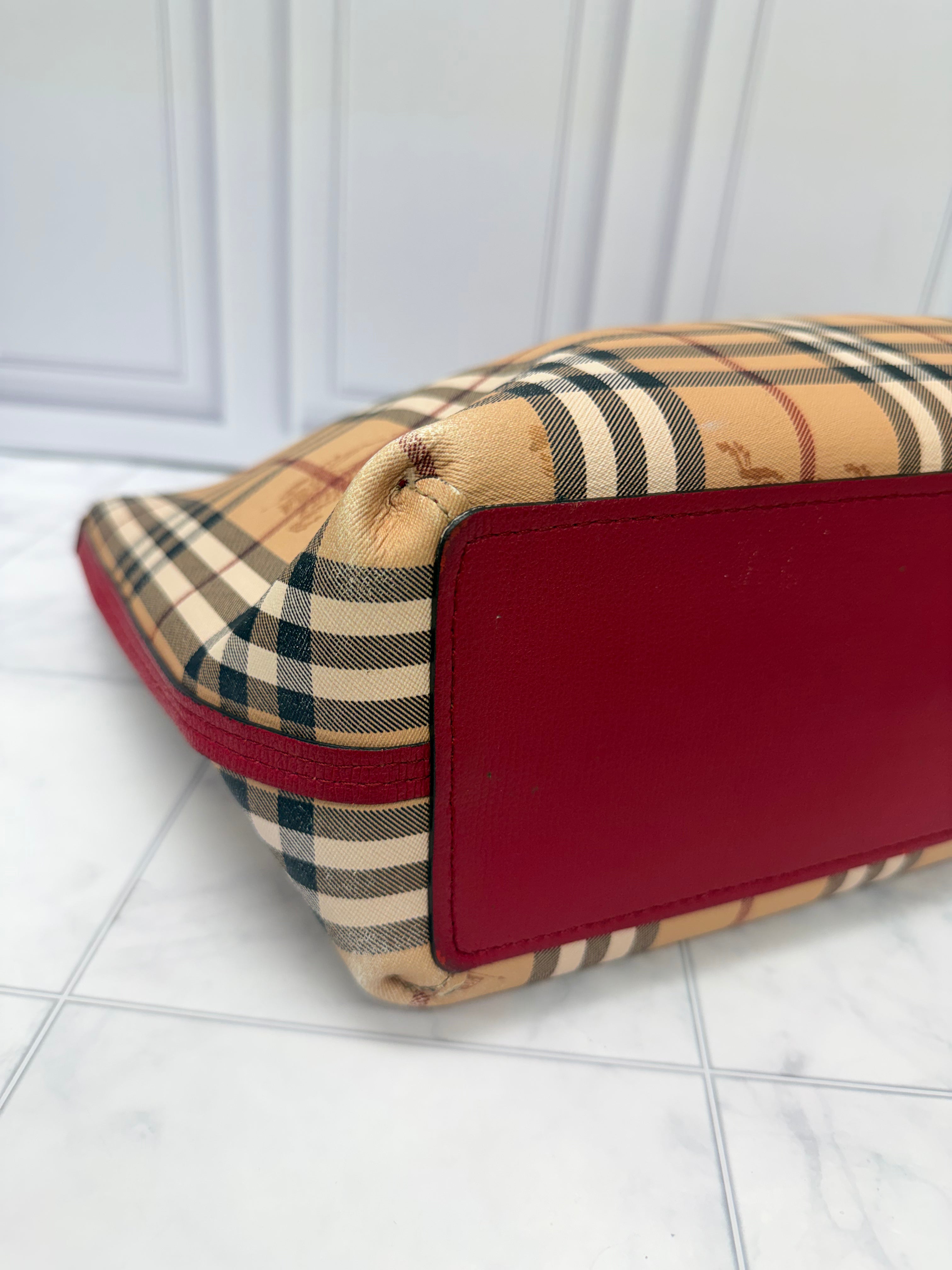 Burberry Beige And Red Coated Canvas And Leather Reversible Tote Bag