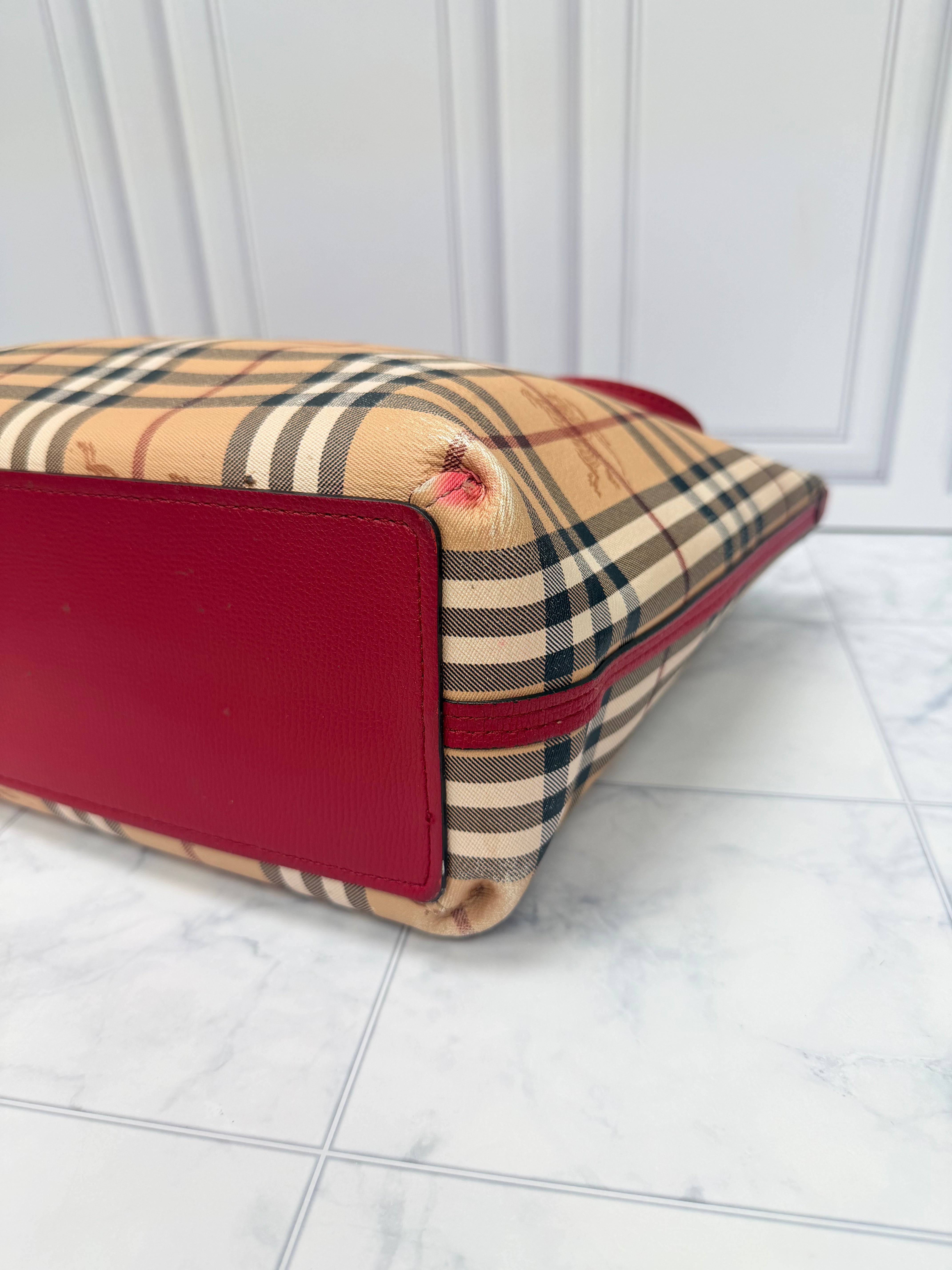 Burberry Beige And Red Coated Canvas And Leather Reversible Tote Bag